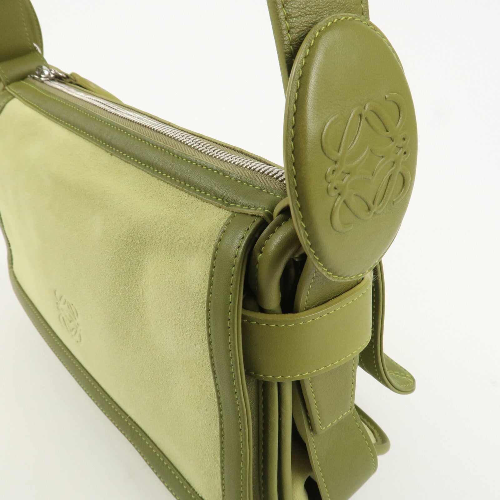 LOEWE Anagram Leather Suede Shoulder Bag Green Silver HDW Used