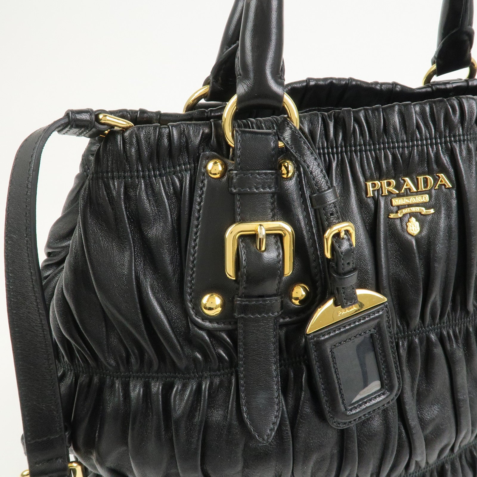 PRADA Leather Gathered 2Way Shoulder Bag Hand Bag Black BN1789