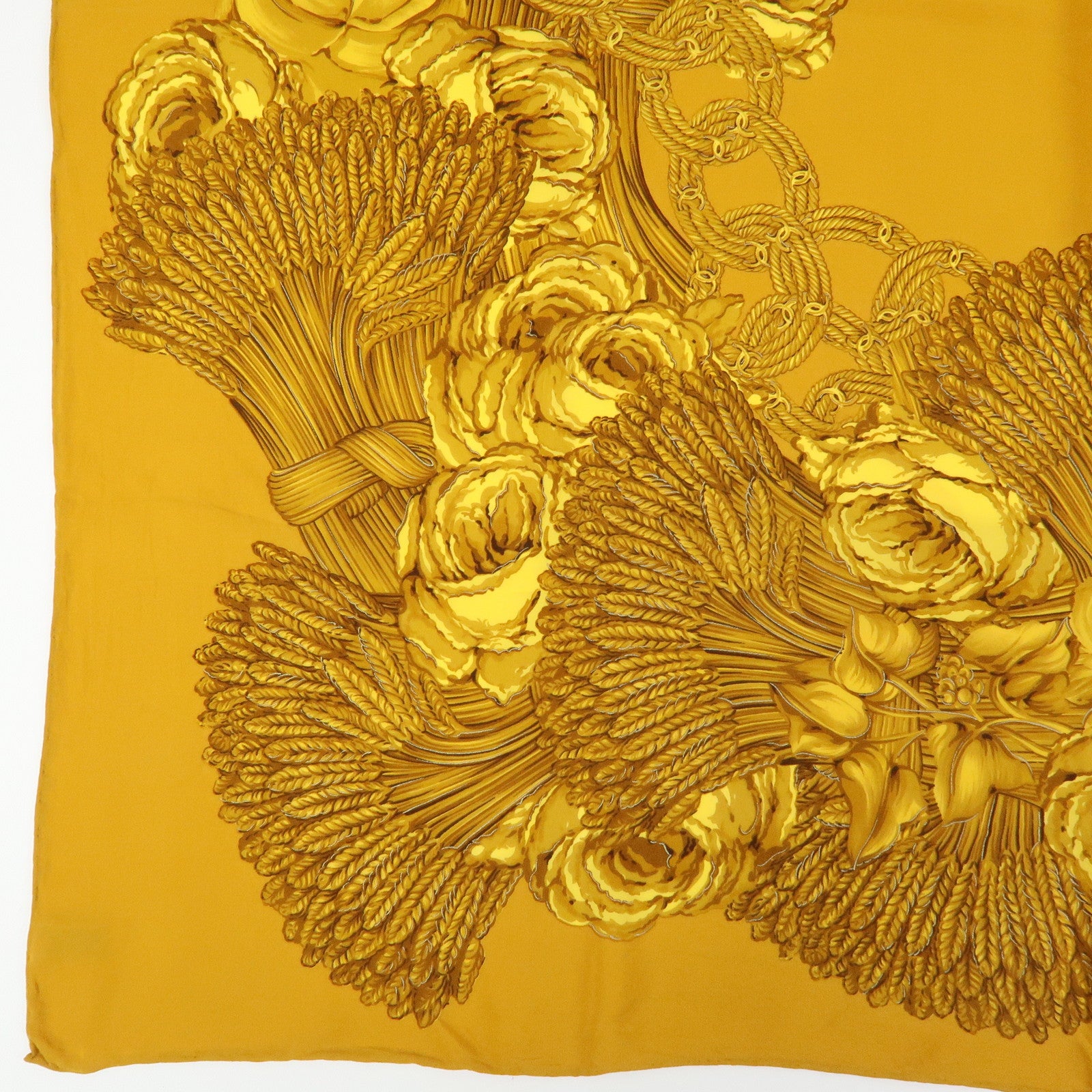 CHANEL Silk 100% Scarf Flower Motif Gold