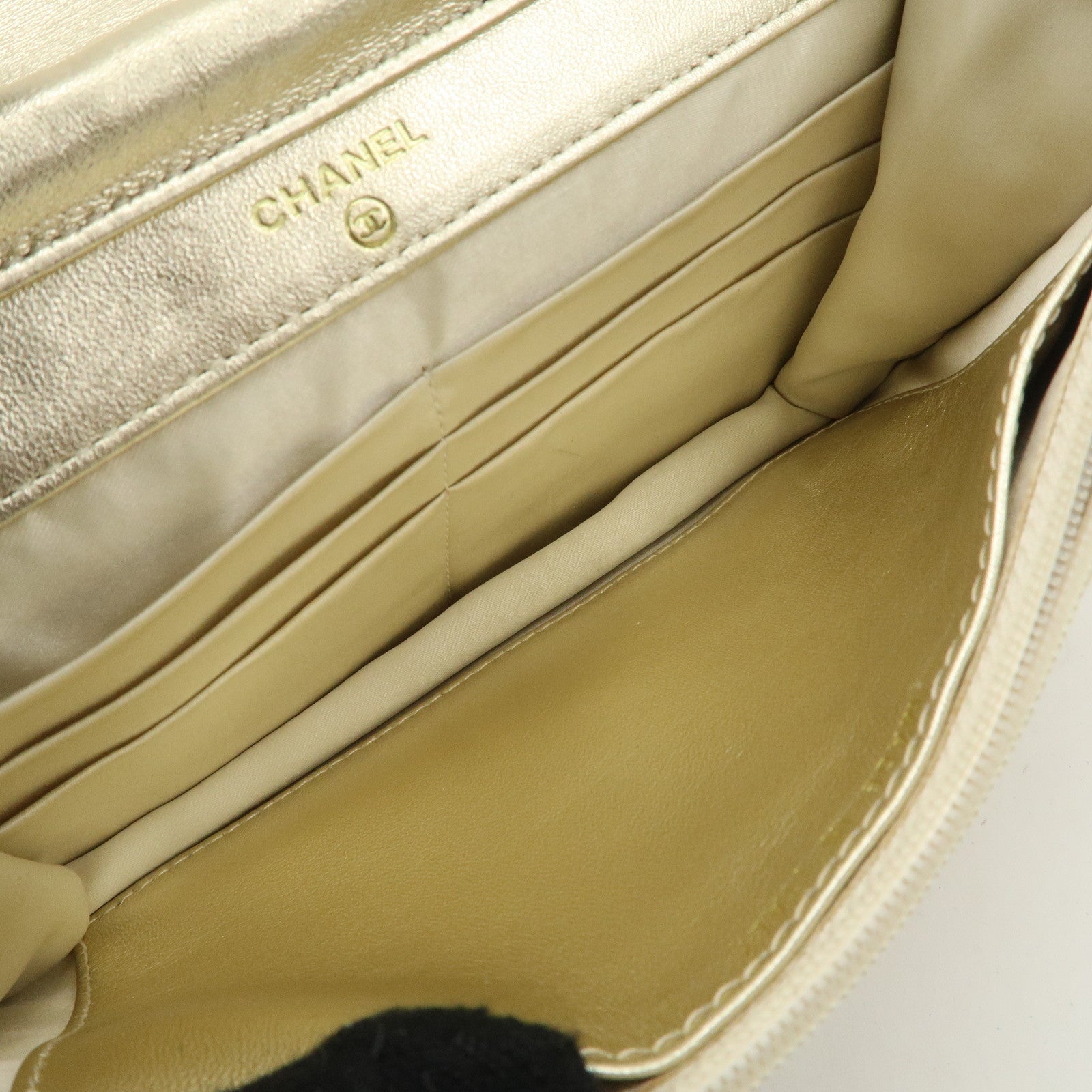 Chanel New Travel Line Nylon Jacquard Leather Chain Wallet Gold A15772 Used