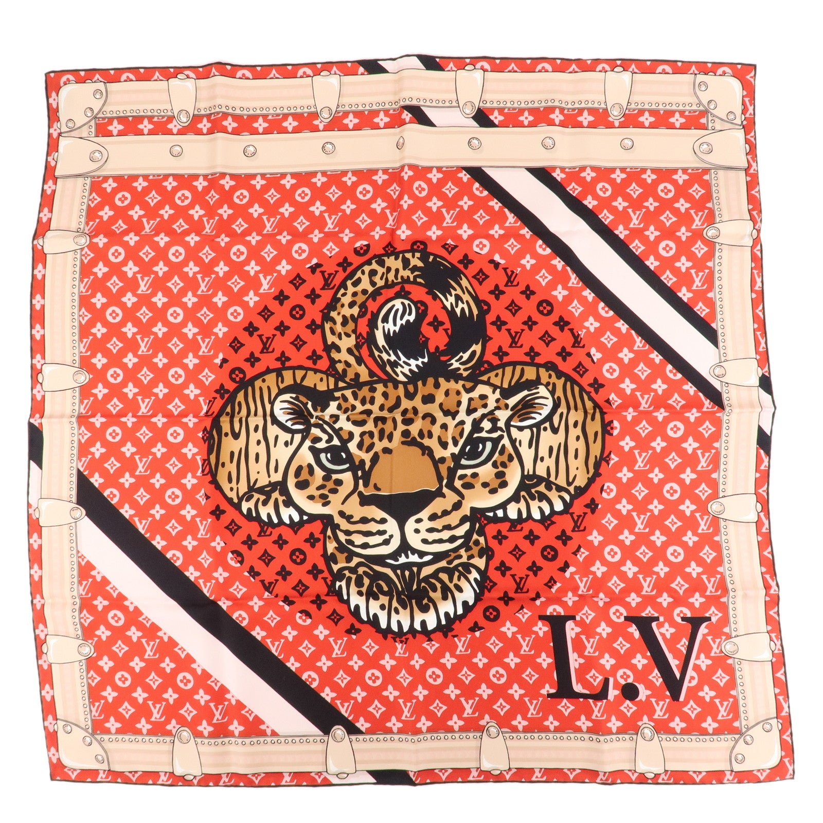 Louis Vuitton Monogram Carre Animal Silk 100% Scarf Red Beige M70693 Used