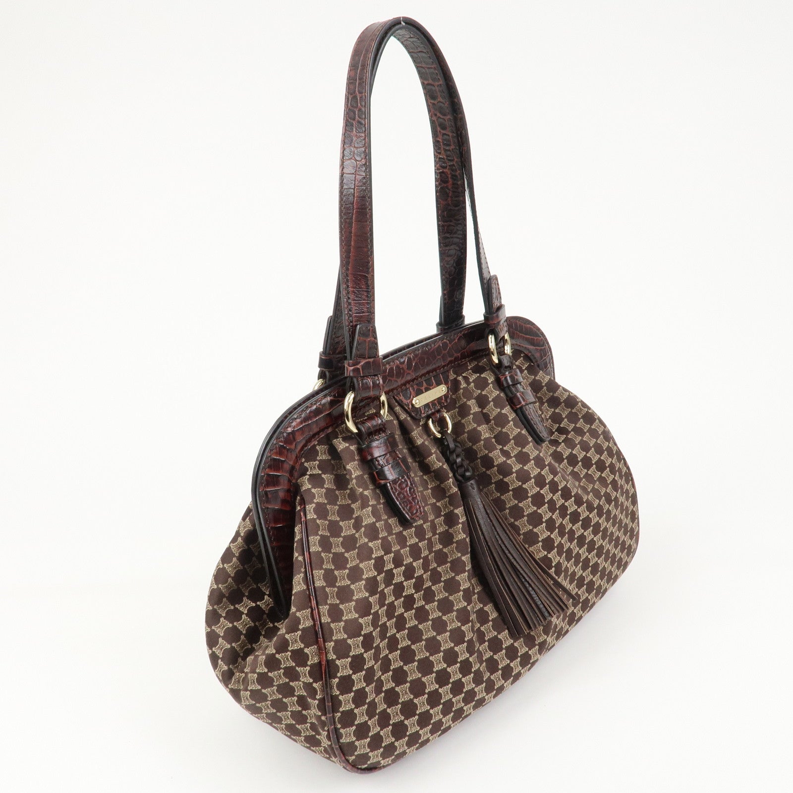 CELINE Macadam Canvas Emboss Leather Shoulder bag Dark Brown