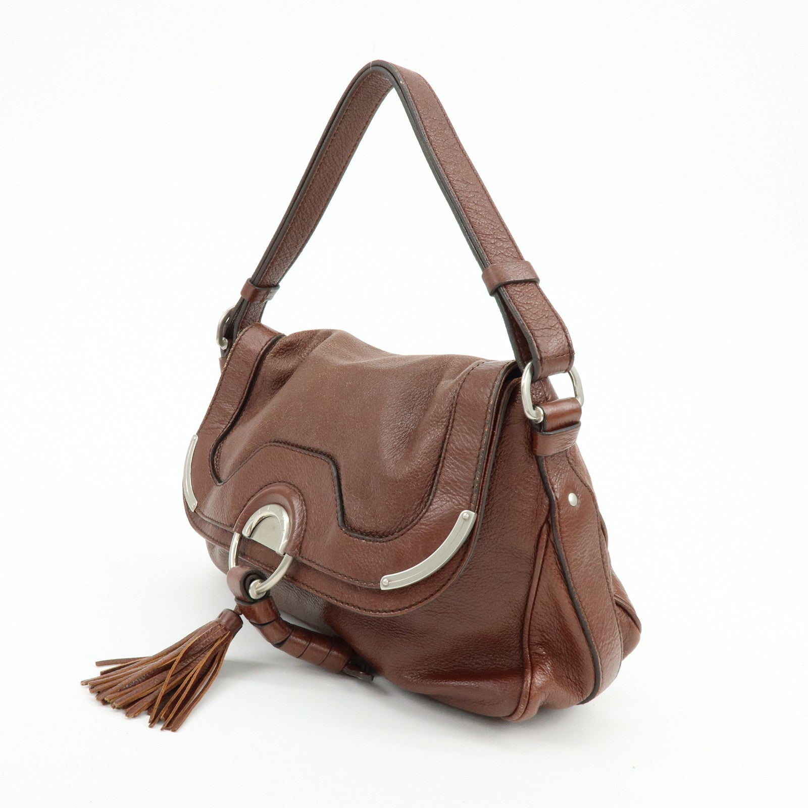 CELINE Tassel Leather Shoulder Bag Brown