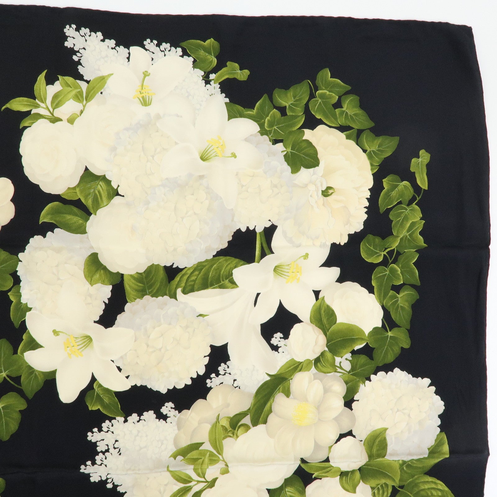 CHANEL Silk 100% Vintage Scarf Flower Print Black White