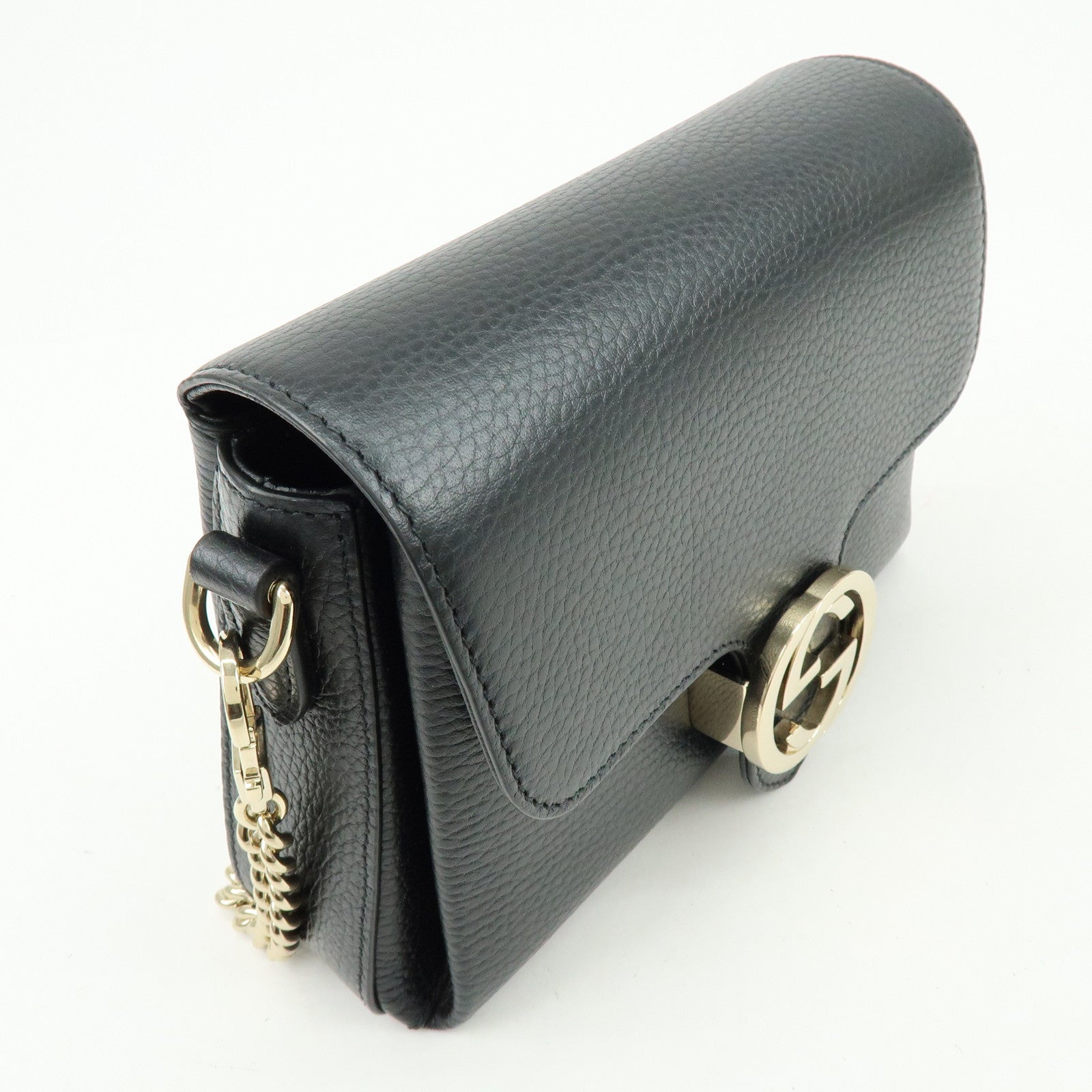 GUCCI Logo Interlocking G Leather Chain Shoulder Bag Black 607720