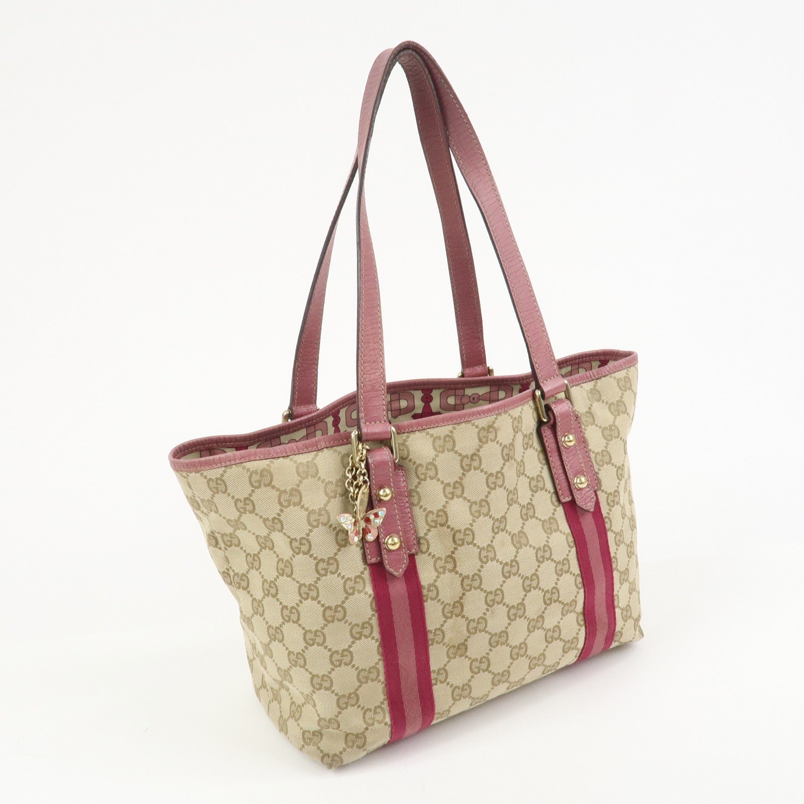 GUCCI Sherry GG Canvas Butterfly Charm Tote Bag Beige Pink 137396