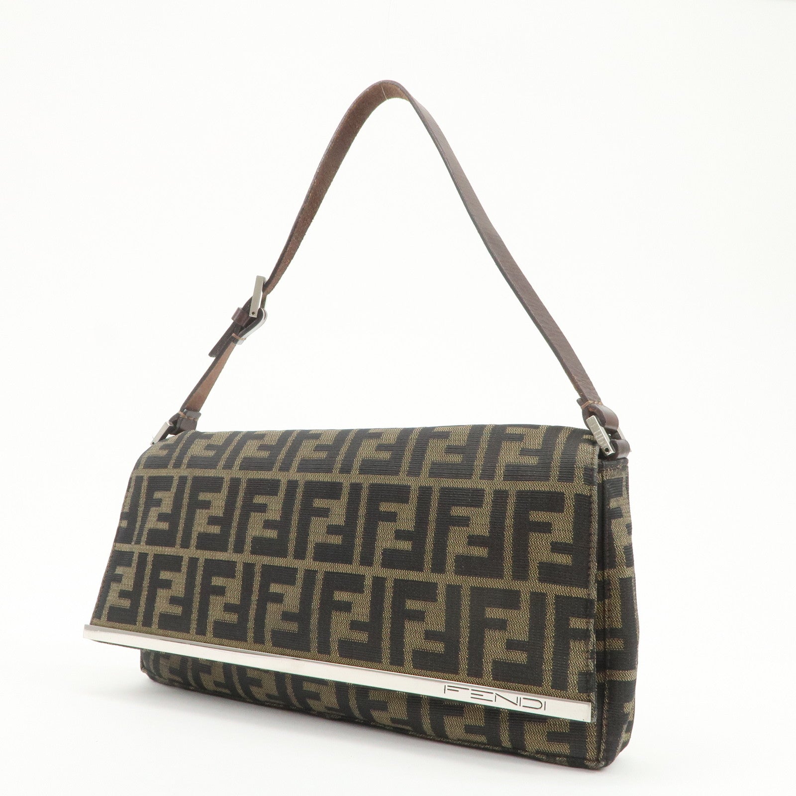 FENDI Zucca Canvas Leather Shoulder Bag Hand Bag Brown 26640