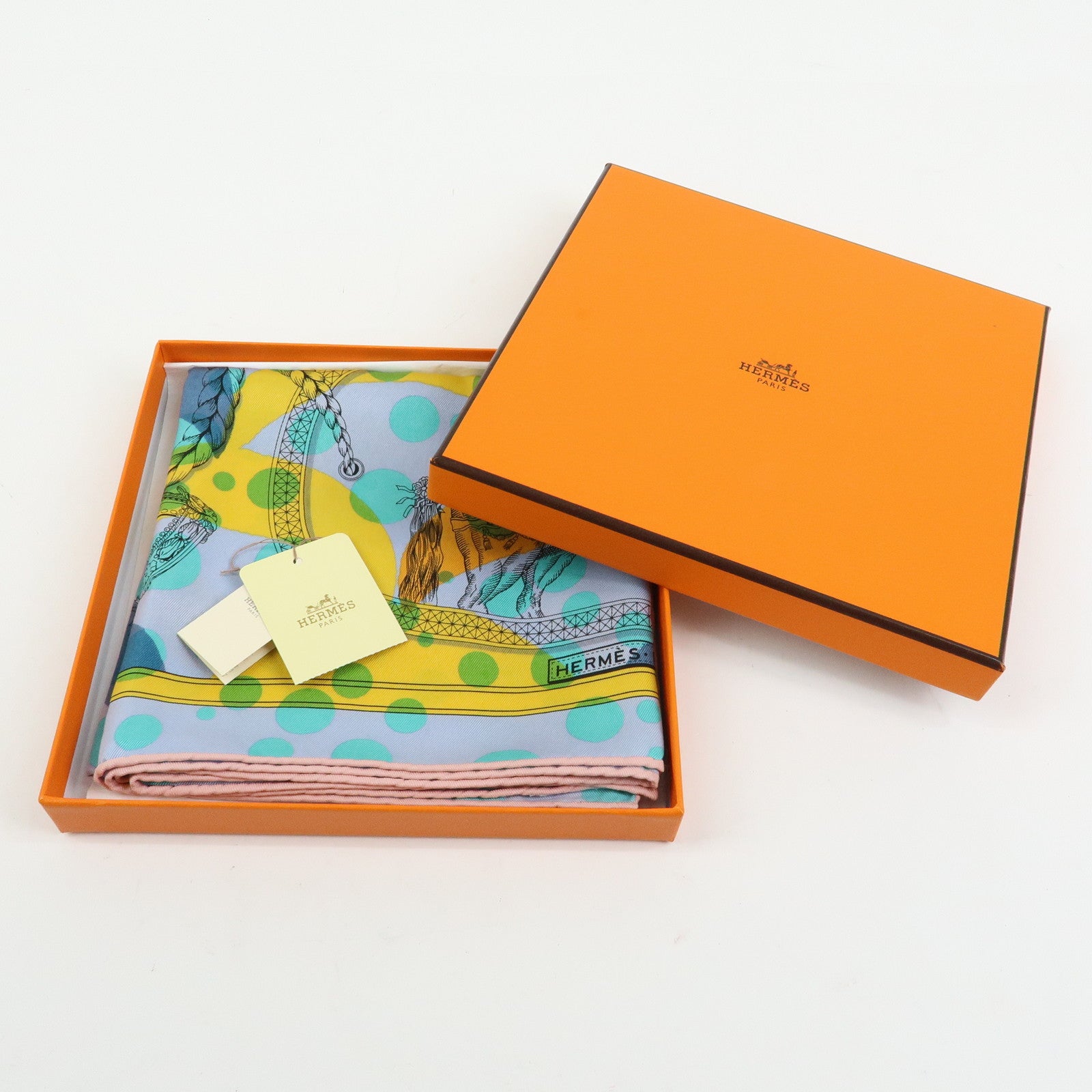 HERMES Carre 70 Silk 100% Scarf Tres Grand Apparat Blue Yellow