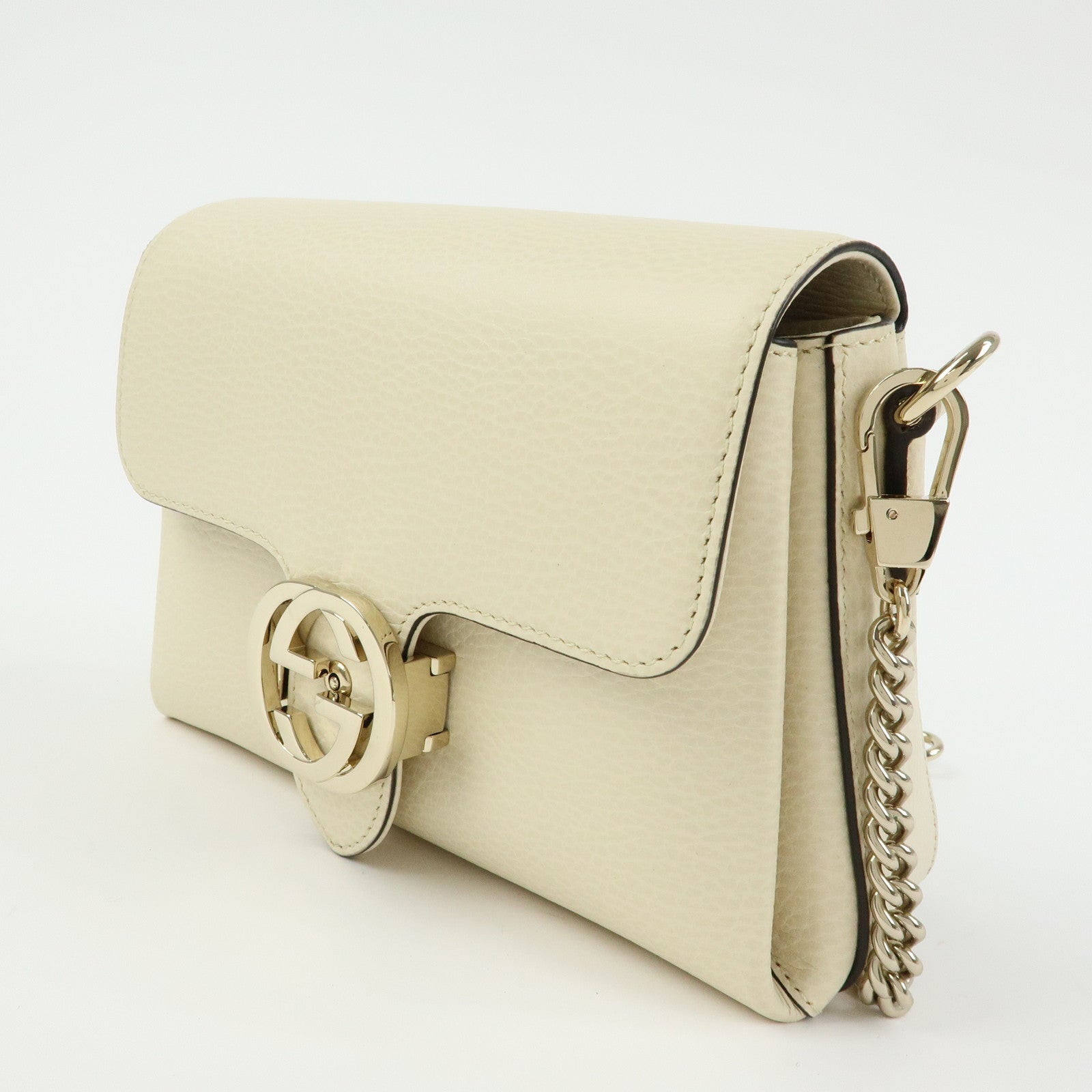GUCCI Interlocking G Leather Chain Shoulder Bag Ivory 607720