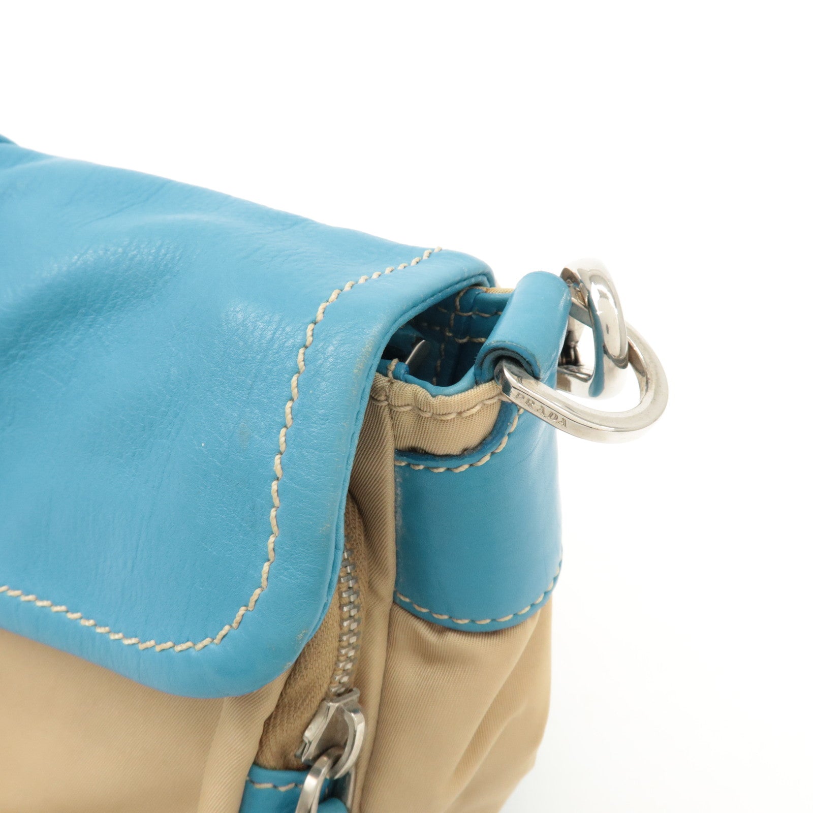 PRADA Nylon Leather Shoulder Bag Crossbody Bag Blue Beige BR2417 Used