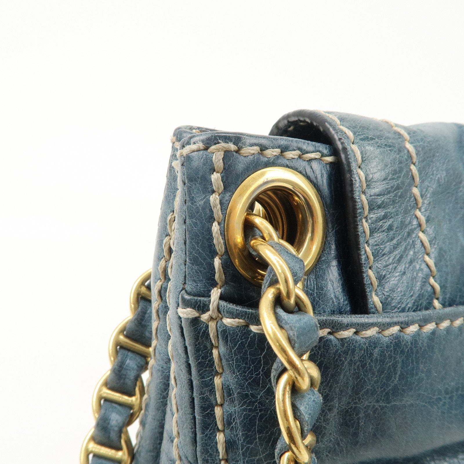PRADA Leather Chain Shoulder Bag Blue Gold Hardware BR4659 Used