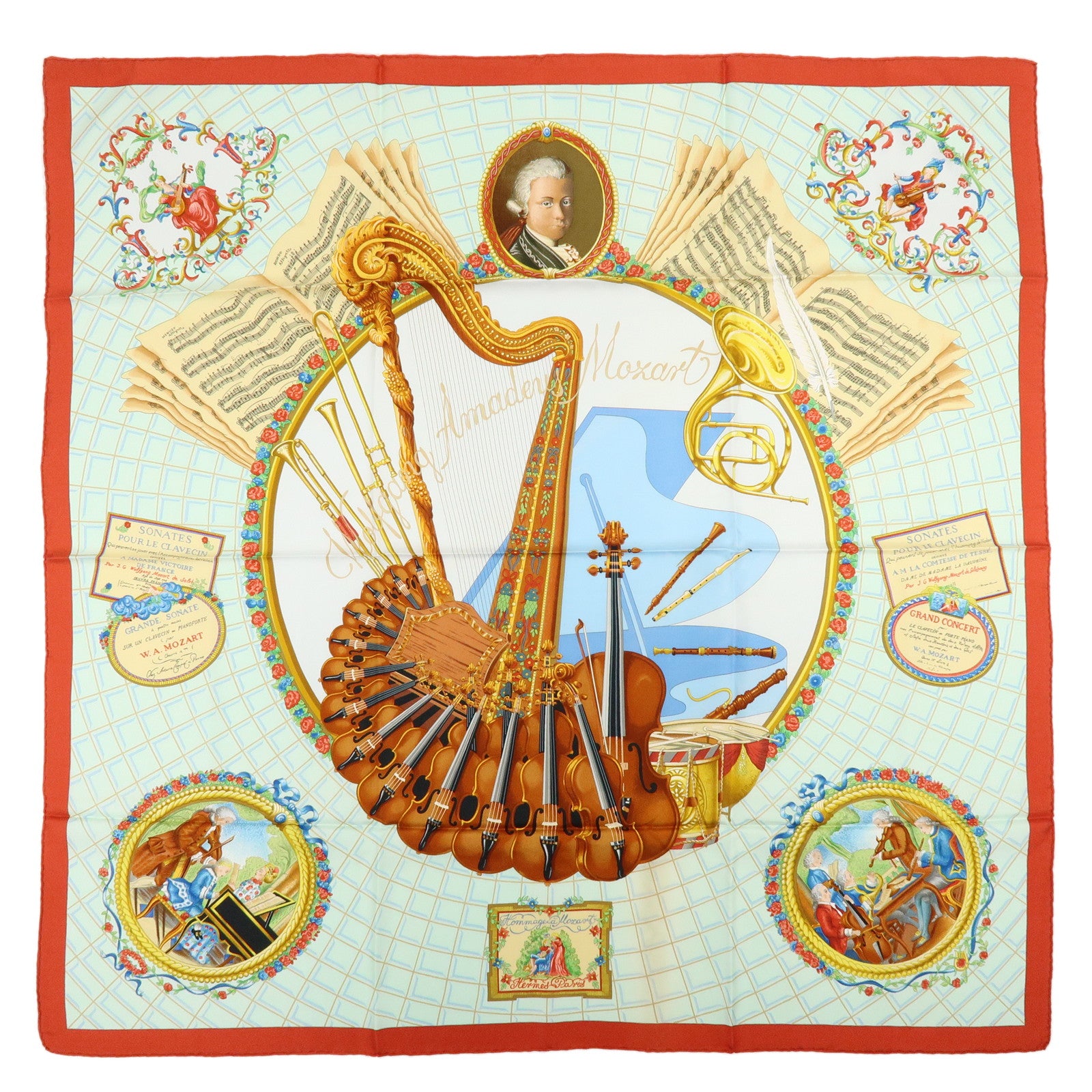 HERMES Carre 90 Silk 100% Scarf Wolfgang Amadeus Mozart Red Brown