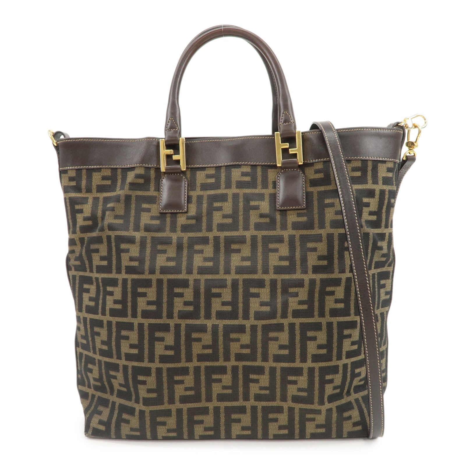 FENDI Zucca Canvas Leather 2Way Bag Hand Bag Shoulder Bag Brown