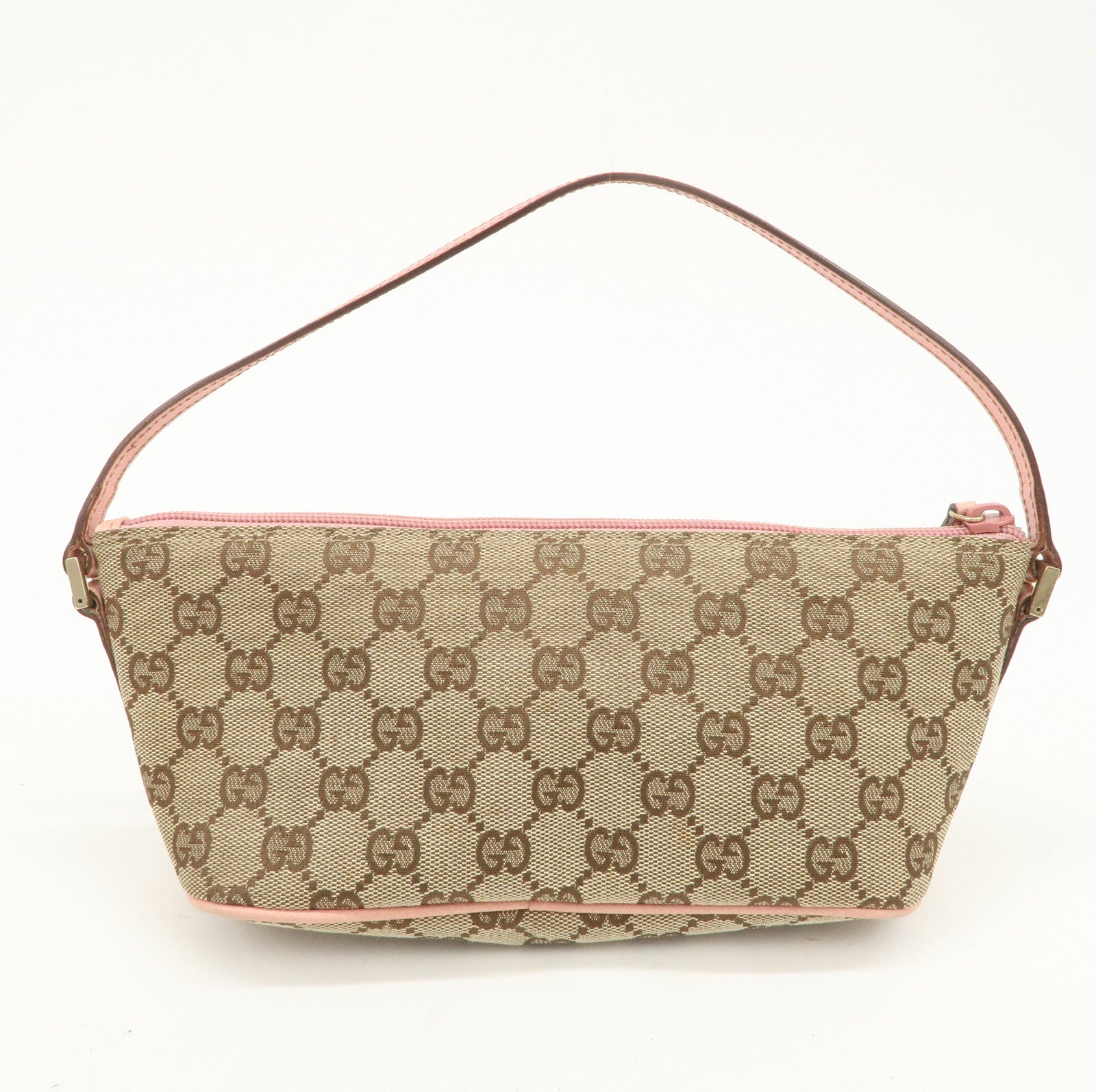 GUCCI Boat Bag GG Monogram Canvas Leather Hand Bag Brown Pink 07198