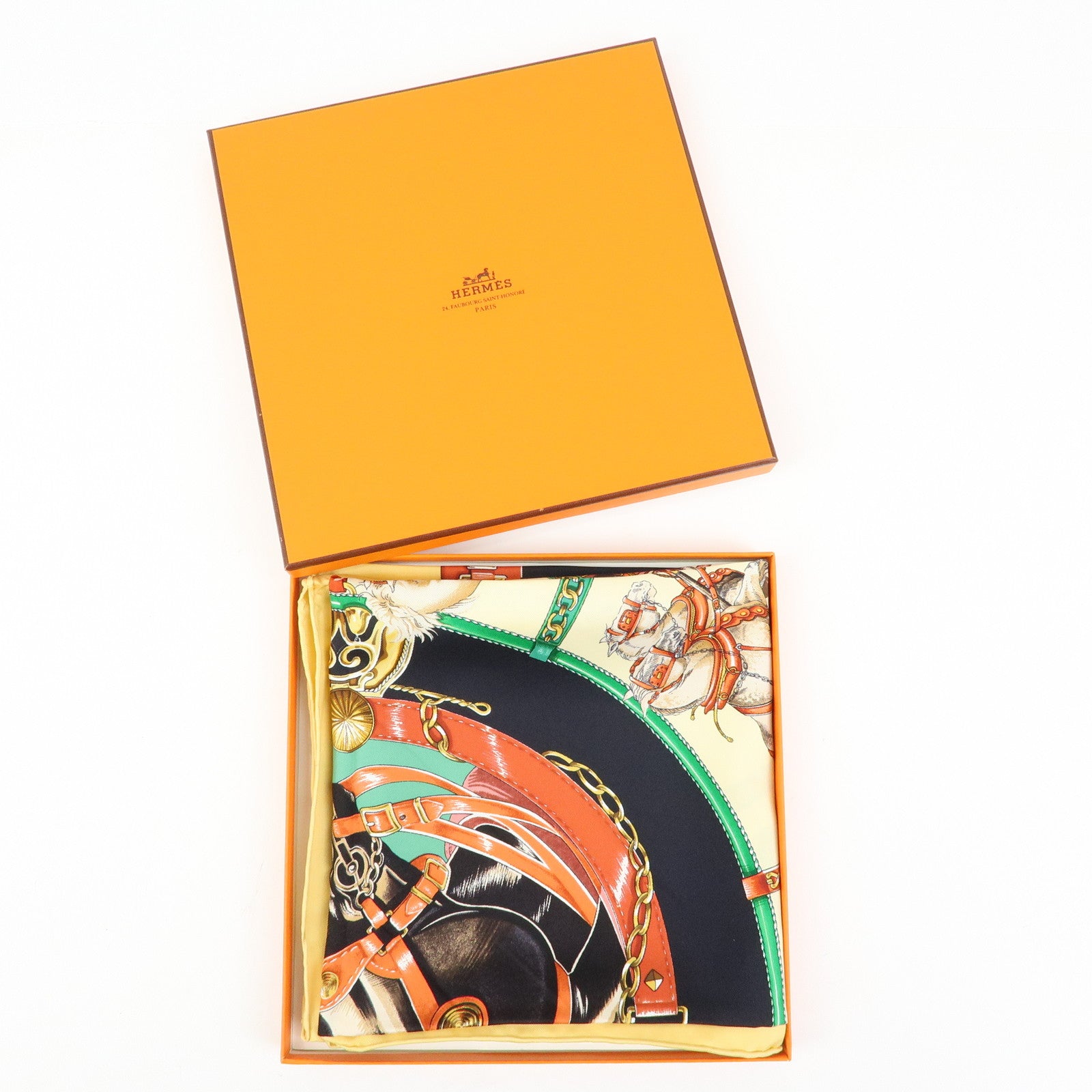 HERMES Carre 90 Silk 100% Scarf CHEVAUX DE TRAIT Black Beige
