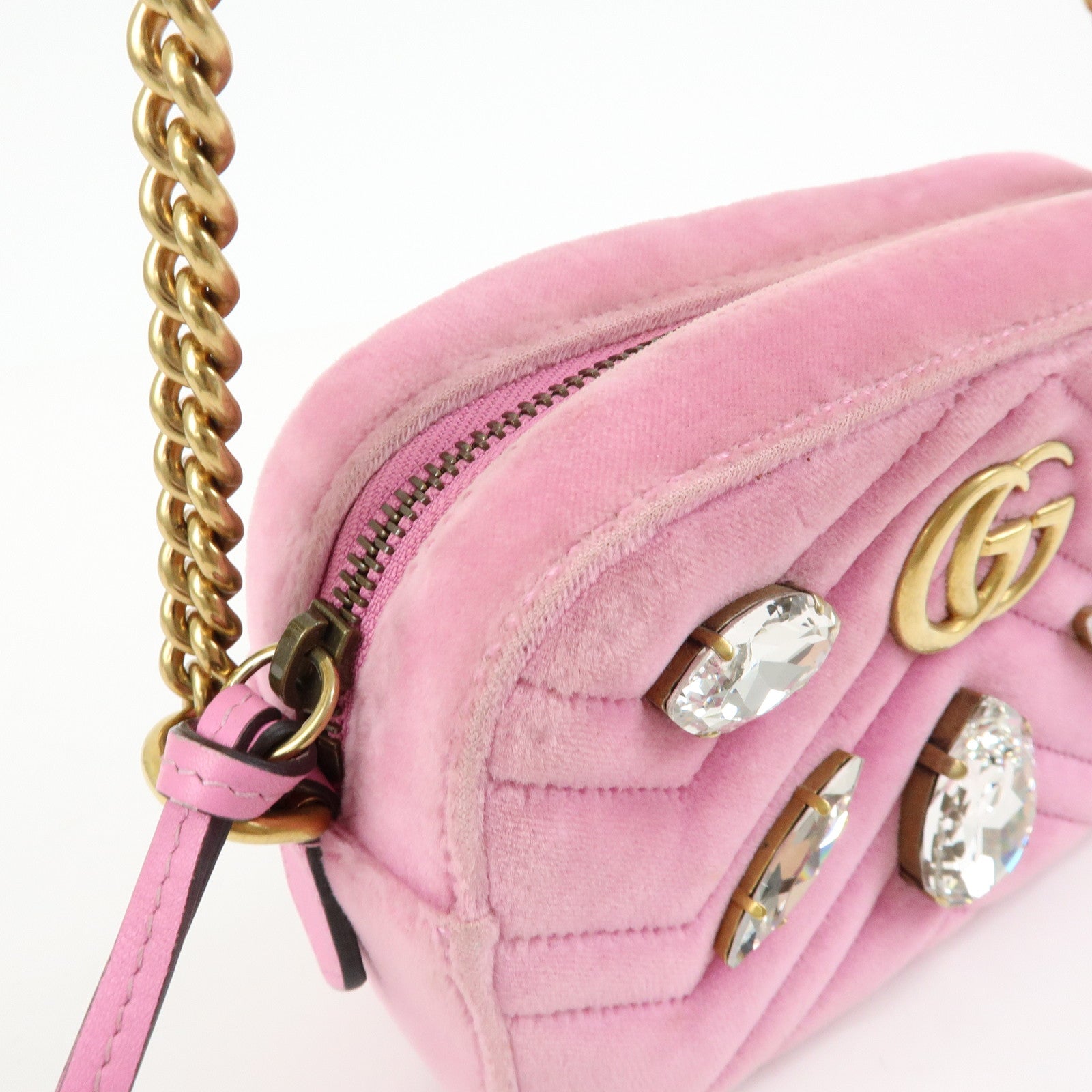 GUCCI GG Marmont Velvet Leather Rhinestone Shoulder Bag Pink 448065
