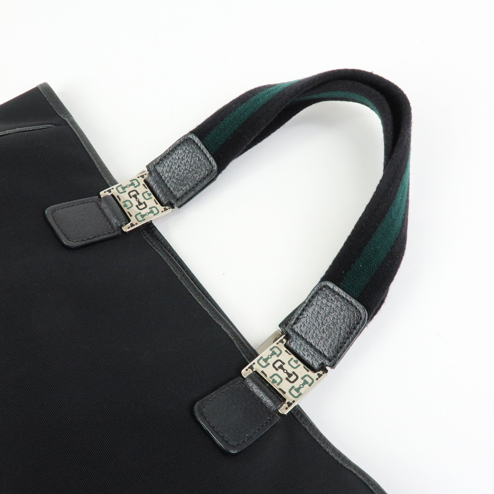 GUCCI Sherry Nylon Leather Tote Bag Hand Bag Black 145758