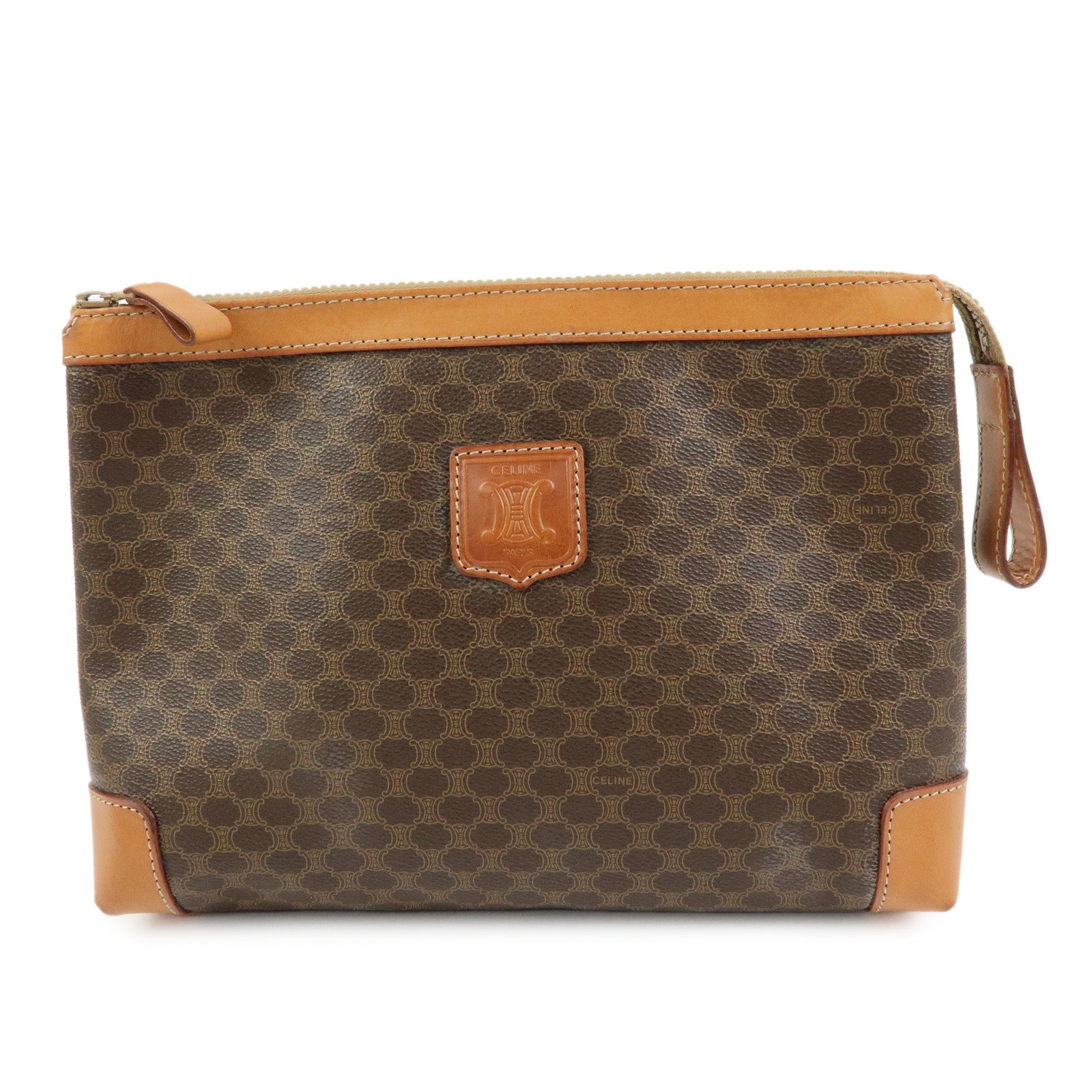CELINE Macadam PVC Leather Clutch Bag Cosmetic Pouch Brown