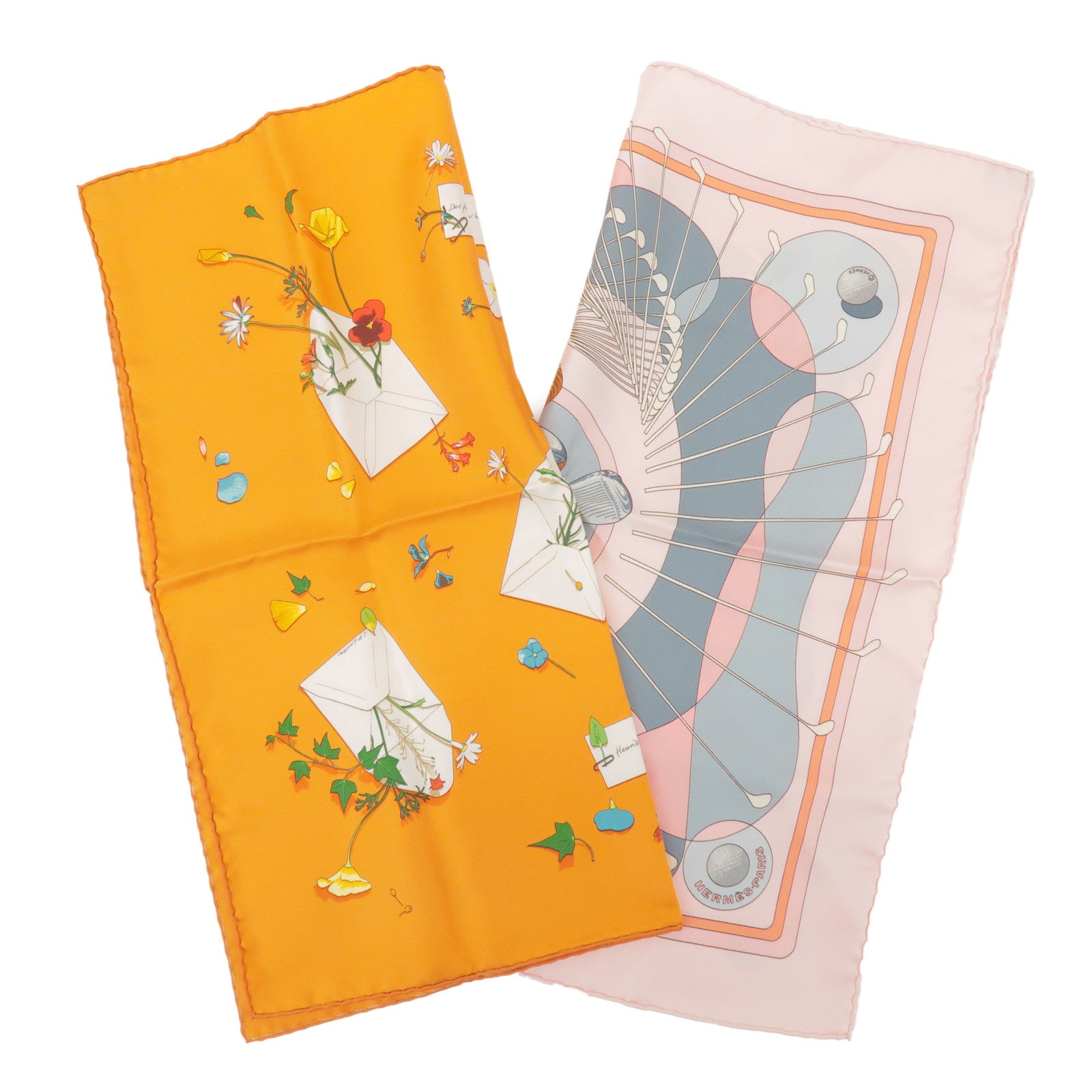 HERMES Carre 45 Set of 2 Silk 100% Scarf Light Pink Orange