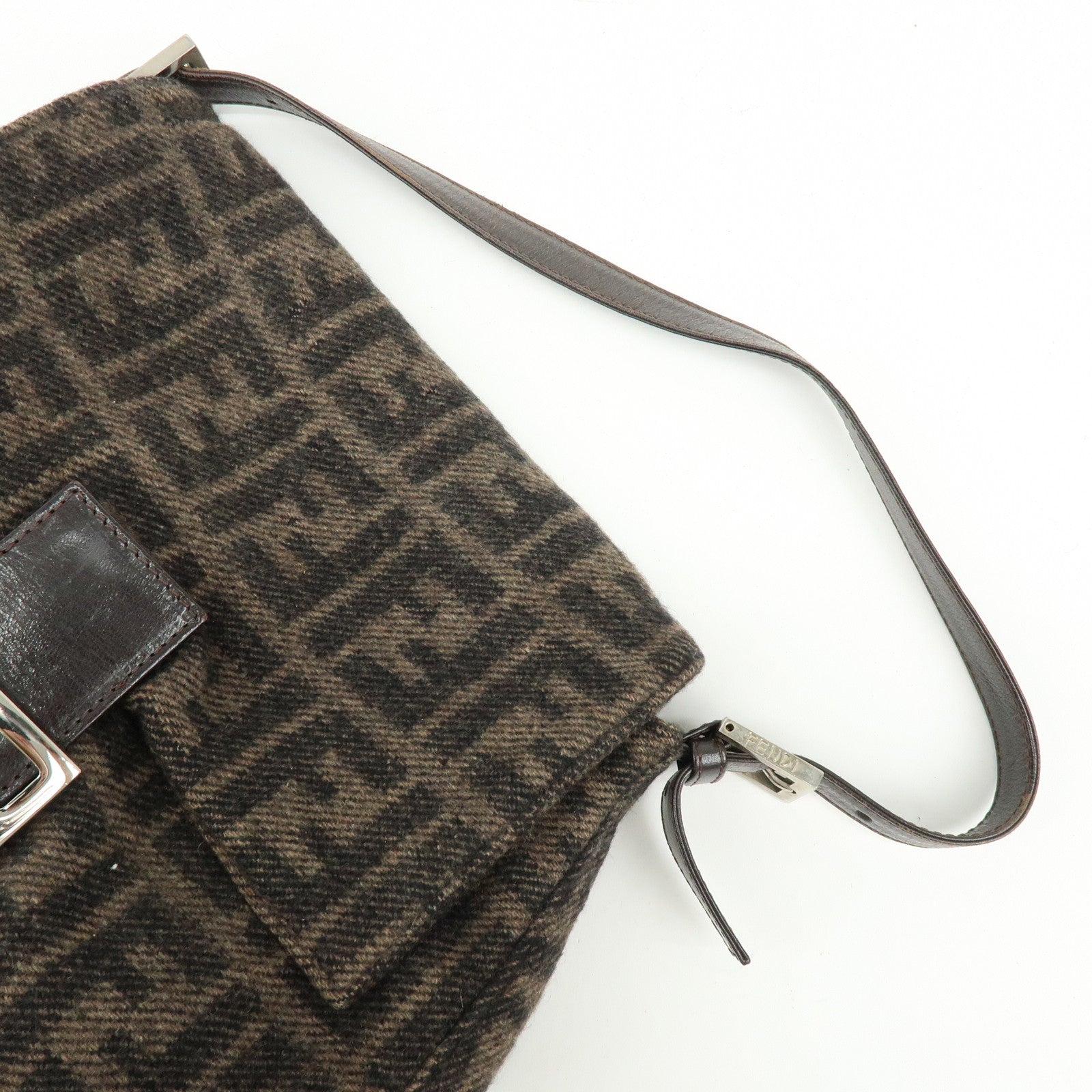 FENDI Mamma Baguette Zucca Wool Leather Shoulder Bag Brown 26325