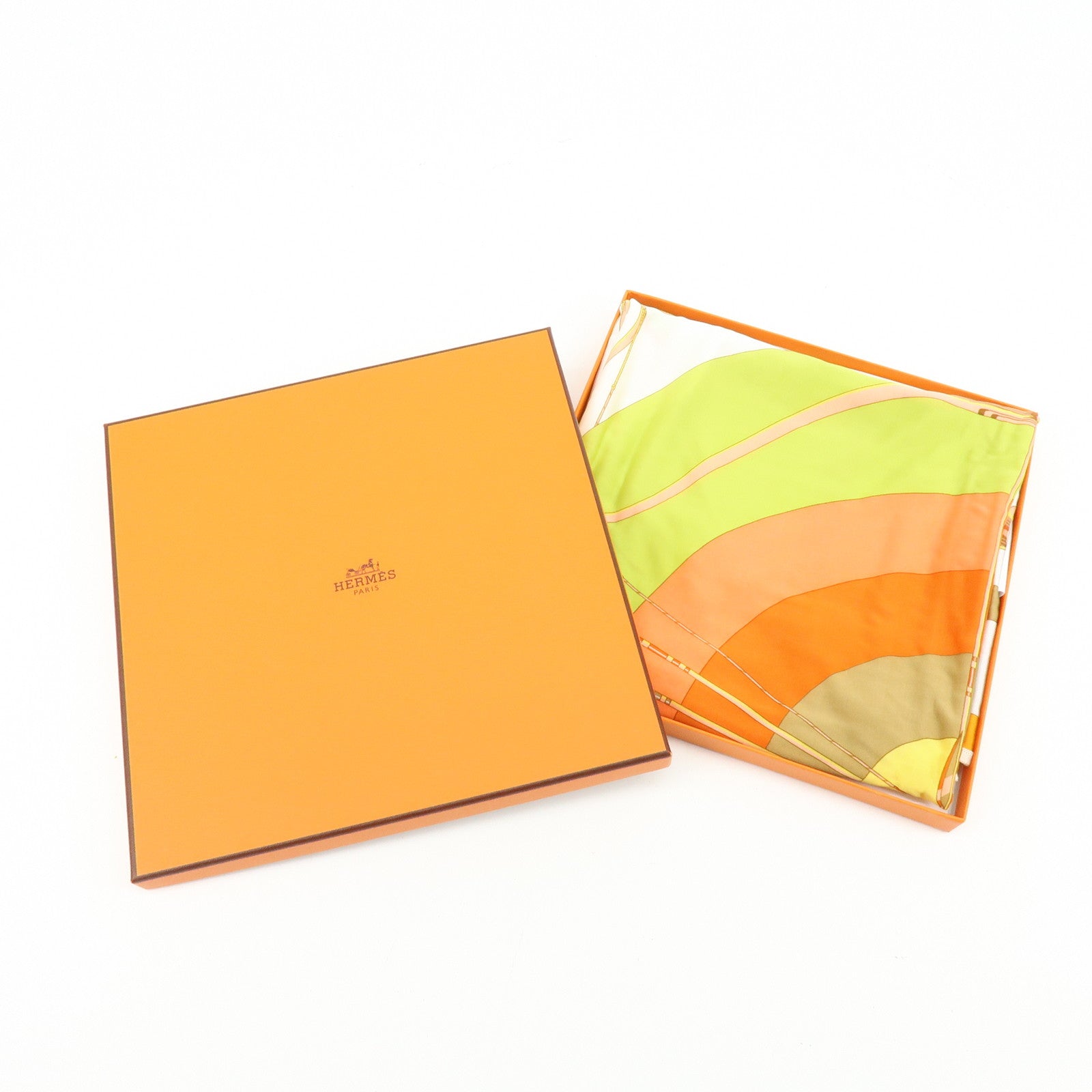 HERMES Carre 90 Silk 100% Scarf ARCS~EN~CIEL Orange White