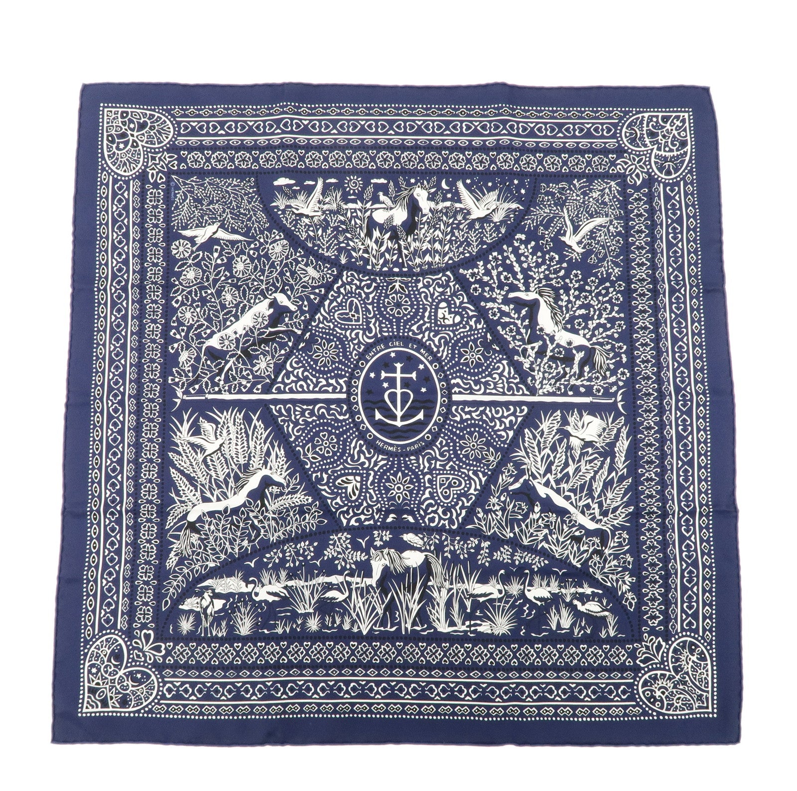HERMES Carre 55 Silk 100% Scarf Entre Ciel et mer Navy Used