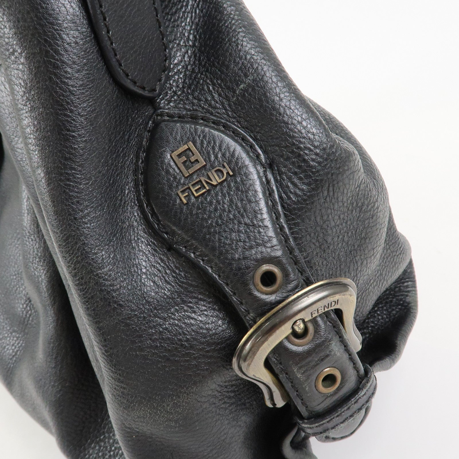FENDI Logo Leather Shoulder Bag Tote Bag Black 8BR579