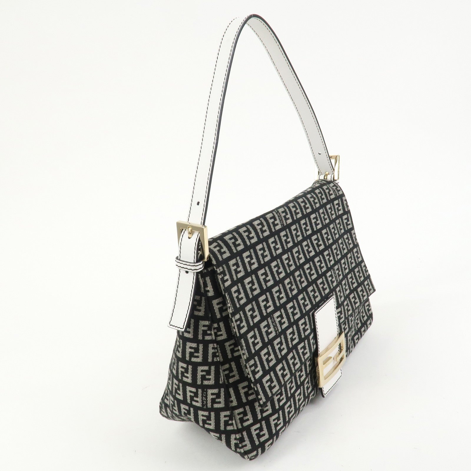 FENDI Mamma Baguette Zucchino Leather Canvas Shoulder Bag 8BR001