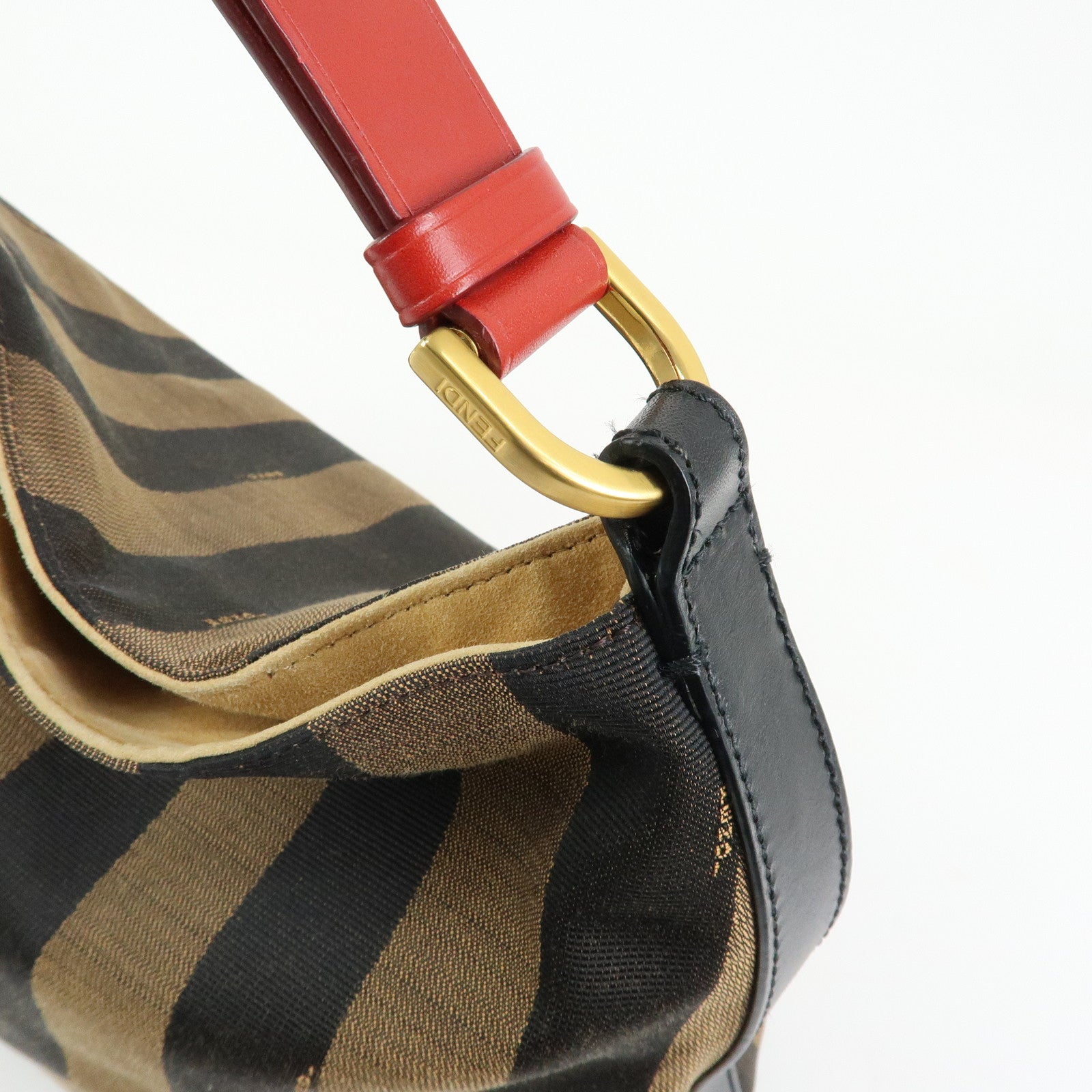 FENDI Pequin Canvas Leather Shoulder Bag Brown Red 8BR653