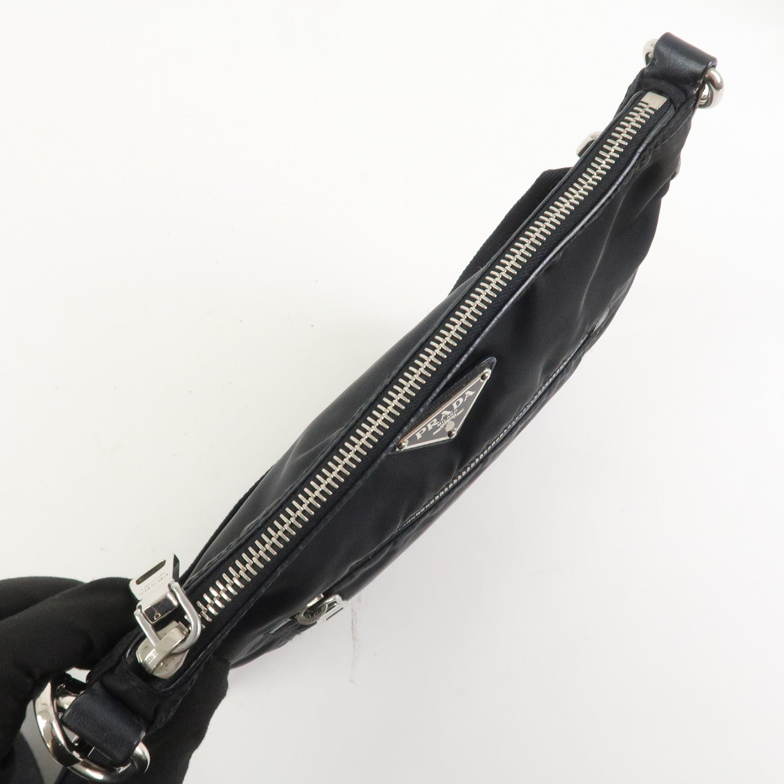 PRADA Triangle Logo Nylon Leather Shoulder Bag Black BT0716