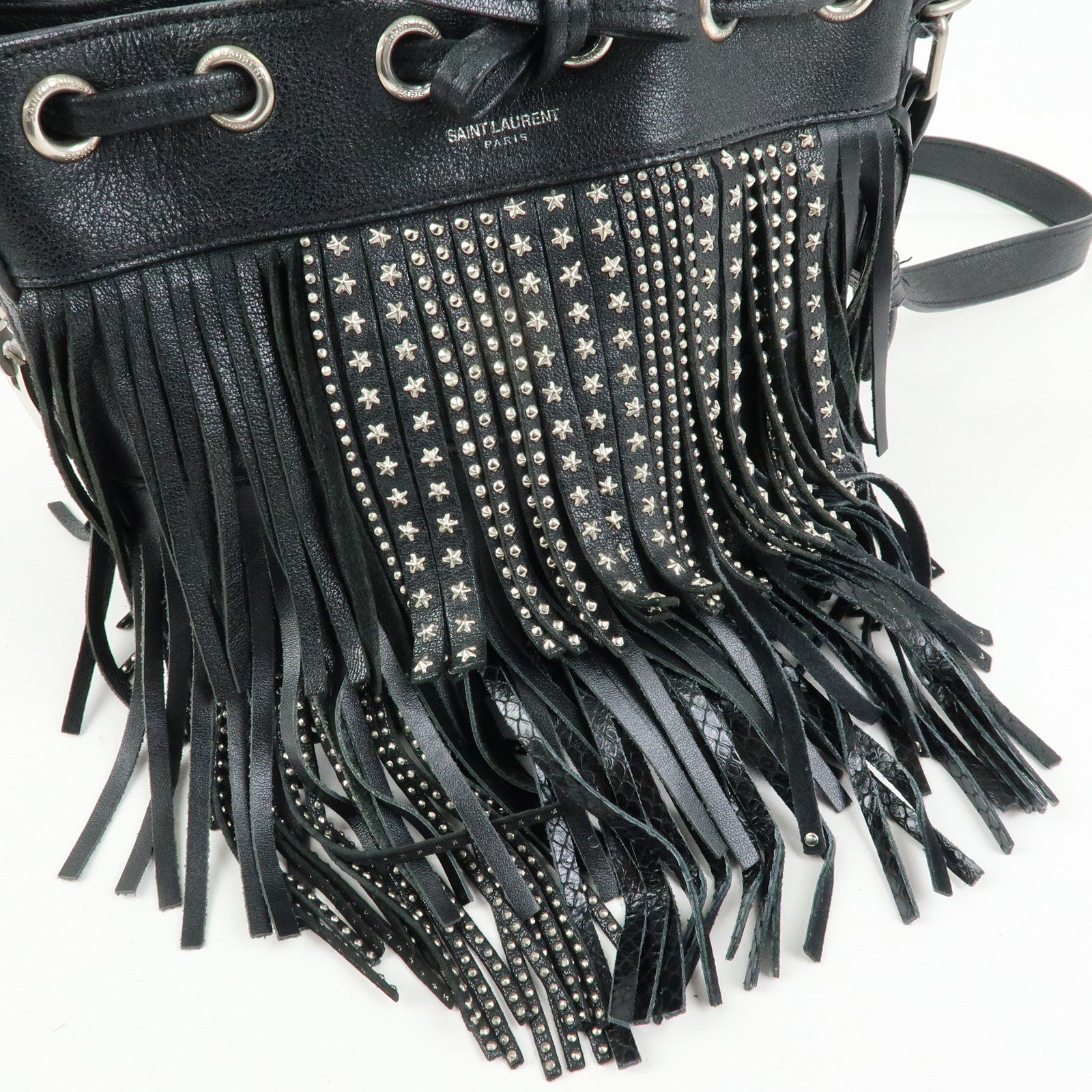 SAINT LAURENT PARIS Leather Fringe Shoulder Bag Black 357603