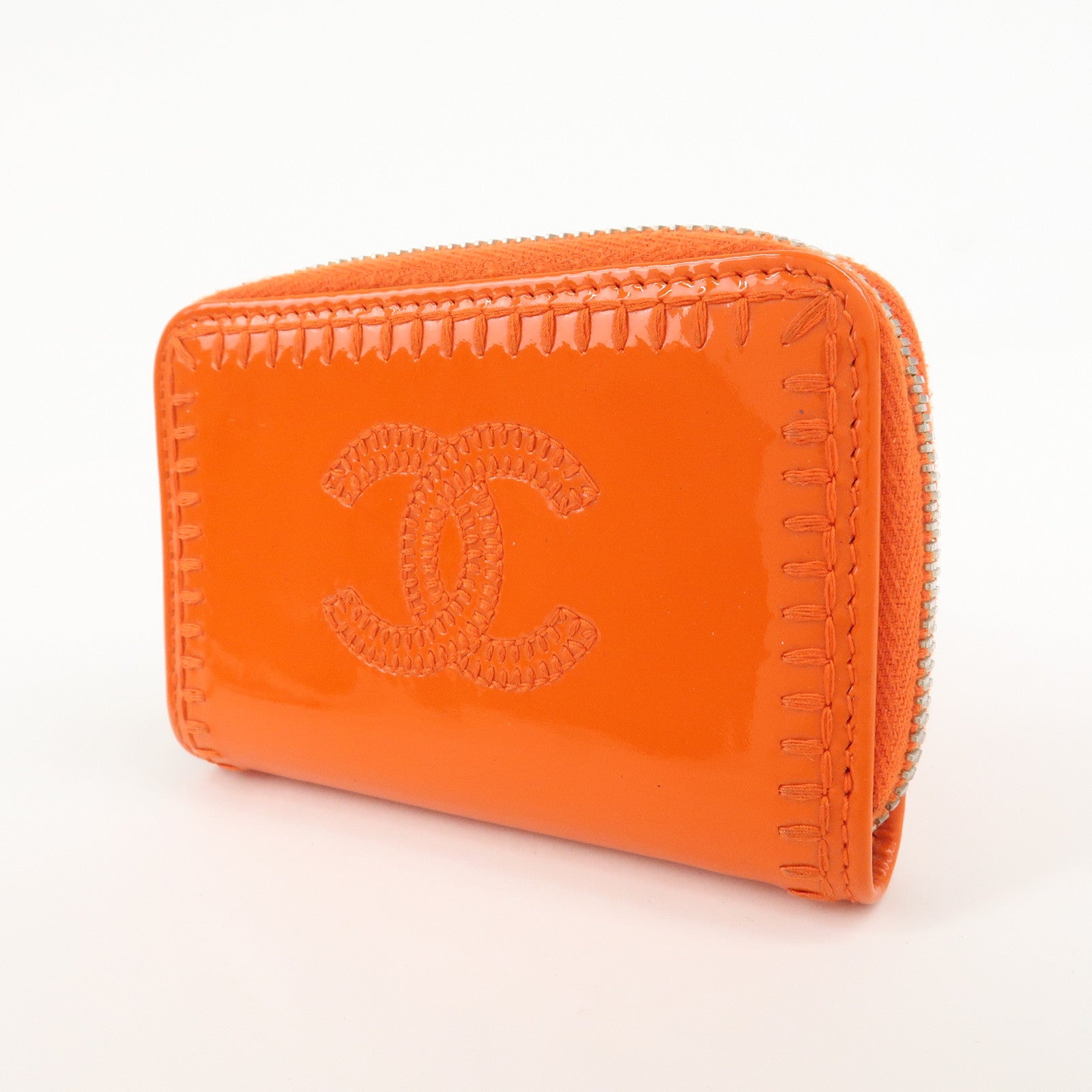 CHANEL COCO Mark Enamel Leather Round Zippy Coin Case Orange A68890 Used
