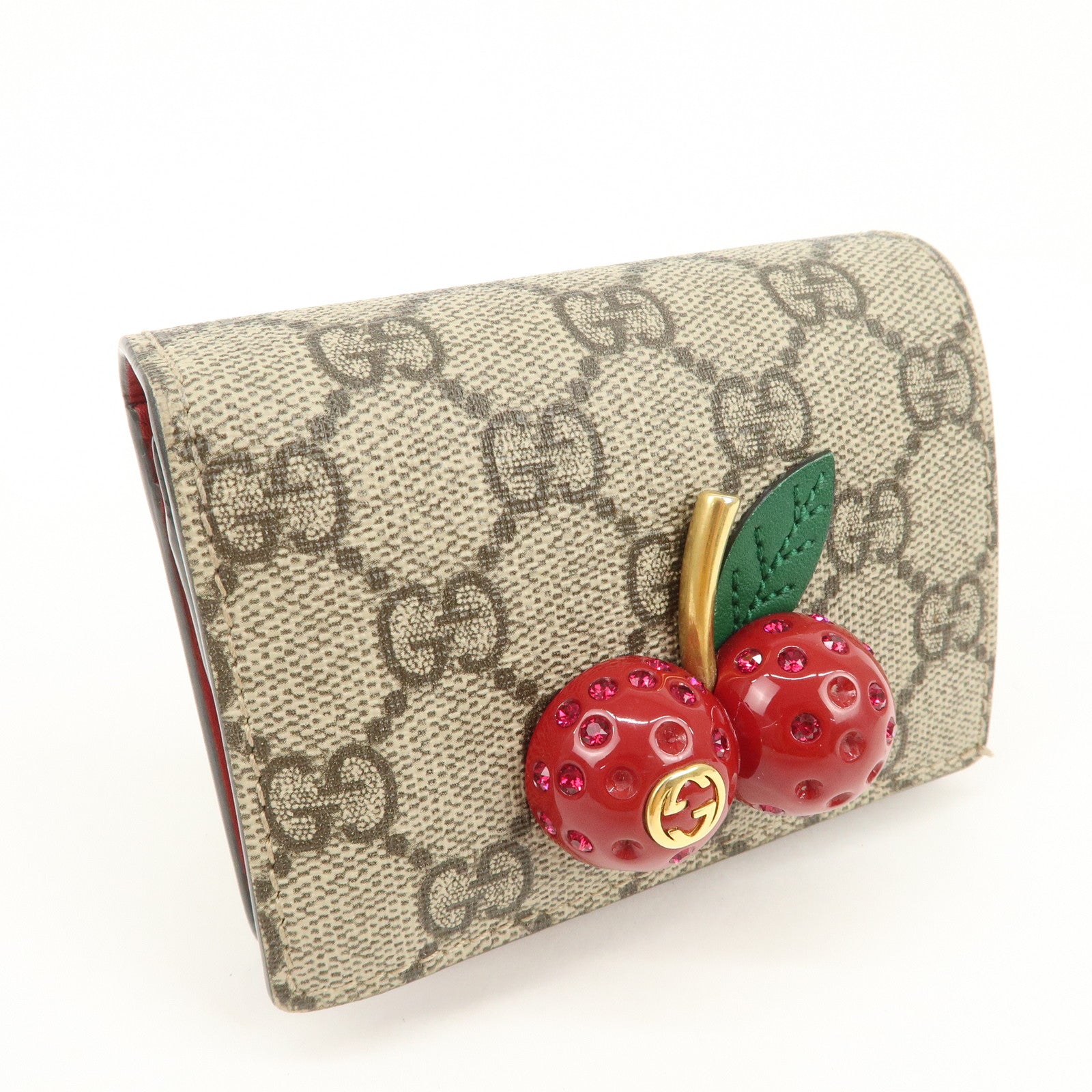 GUCCI Interlocking G Cherry GG Supreme Compact Wallet Beige 476050