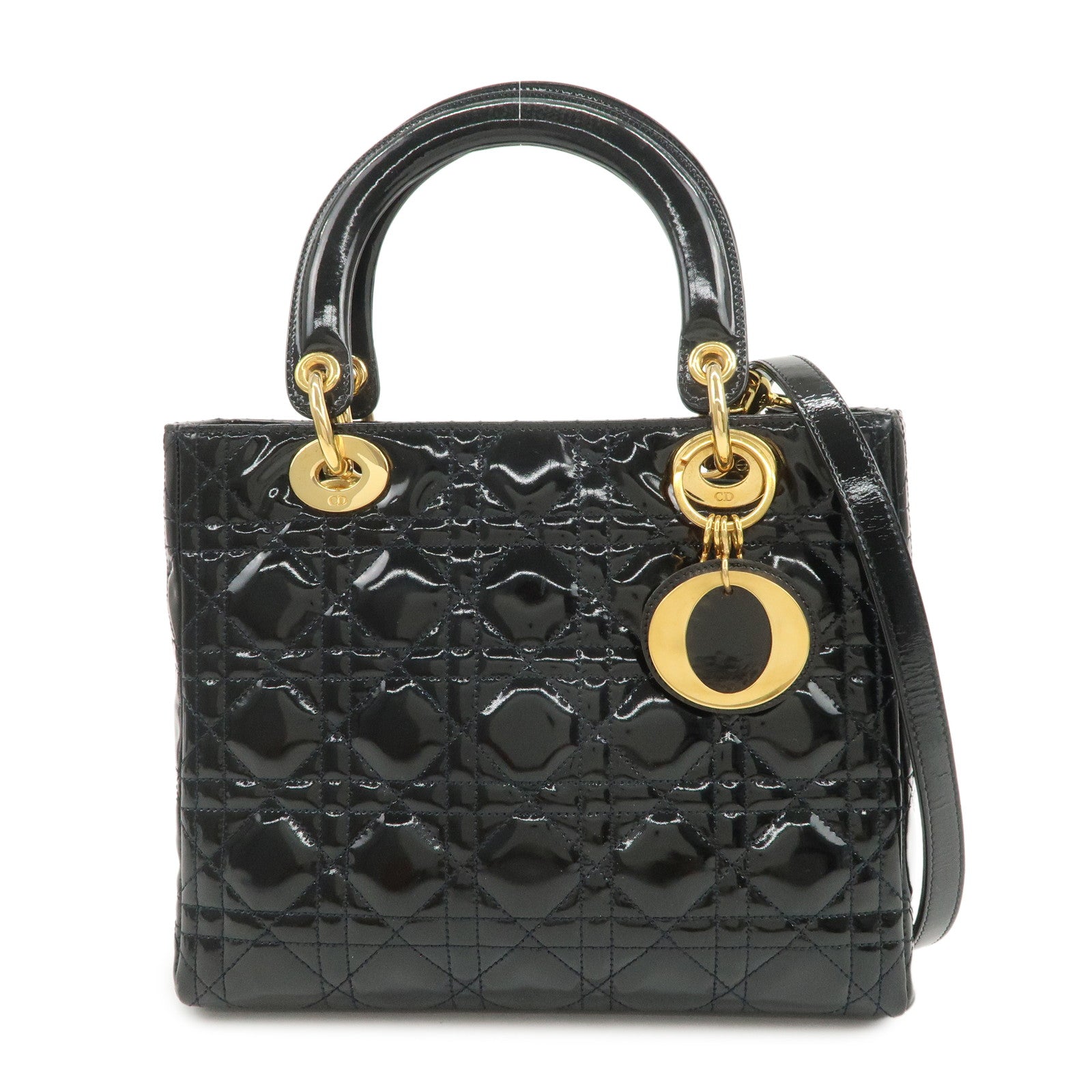 Christian Dior Lady Dior Cannage Patent Leather 2Way Hand Bag Black