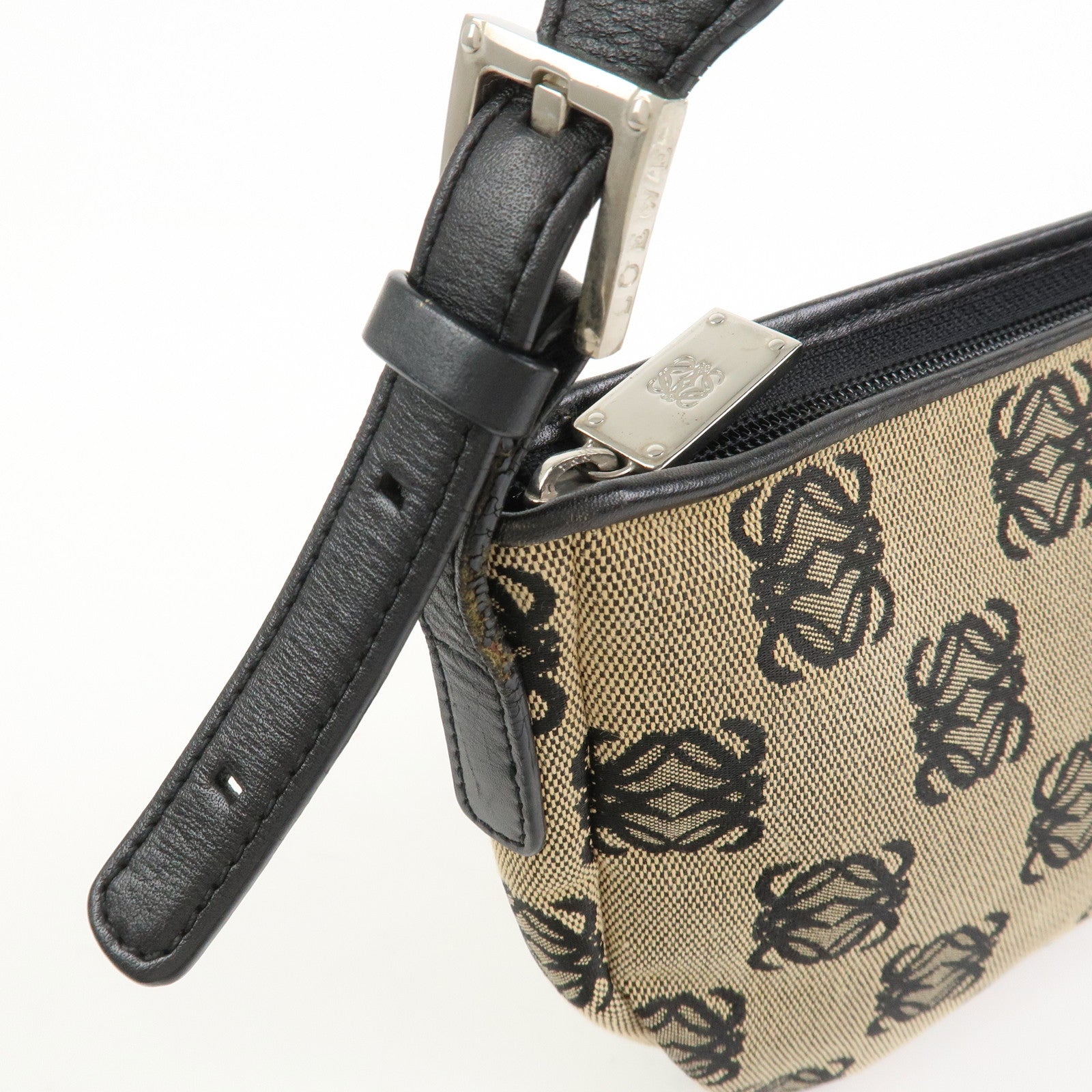 LOEWE Anagram Logo Canvas Leather Shoulder Bag Hand Bag Beige Black