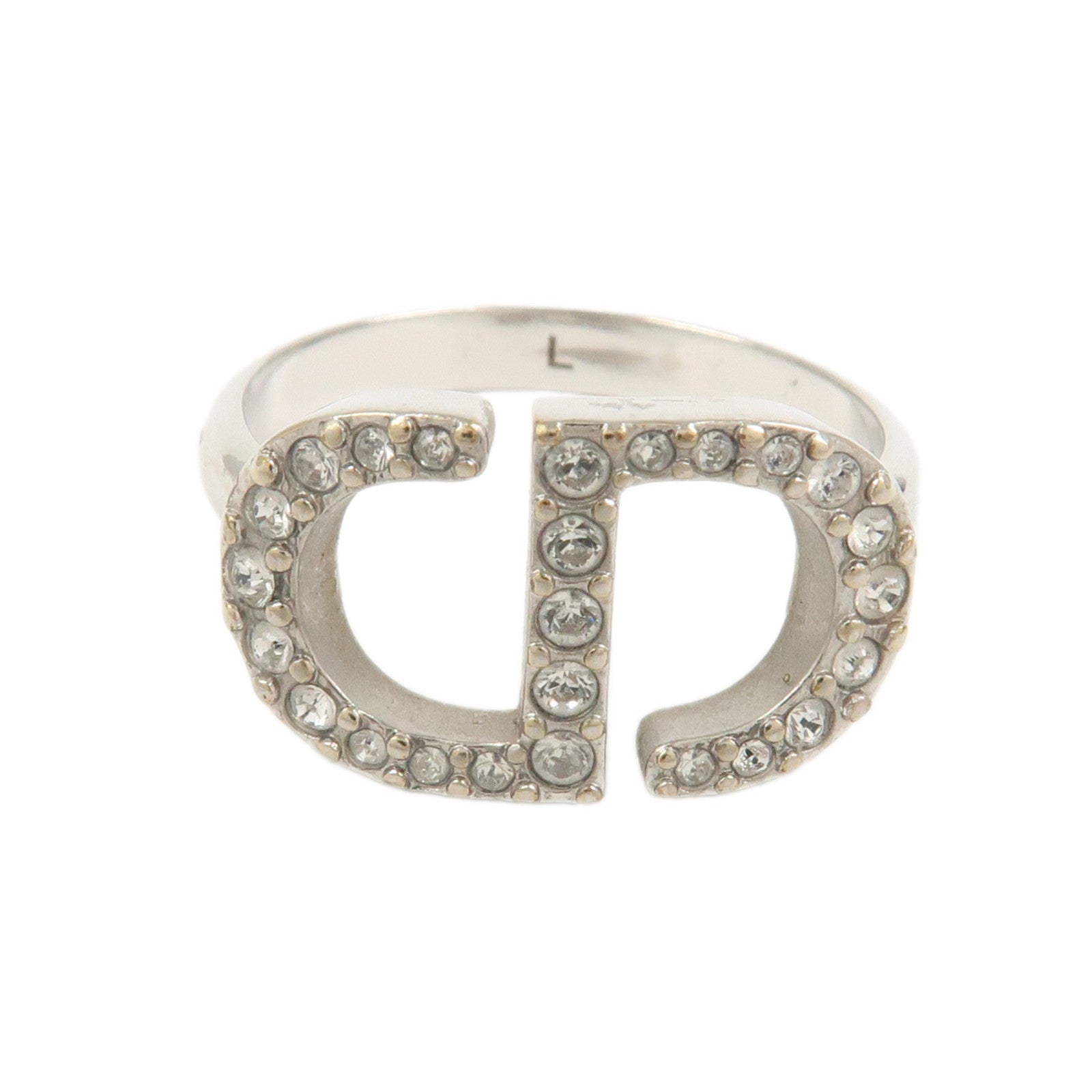 Christian Dior CD Logo Metal Rhinestone Ring Silver