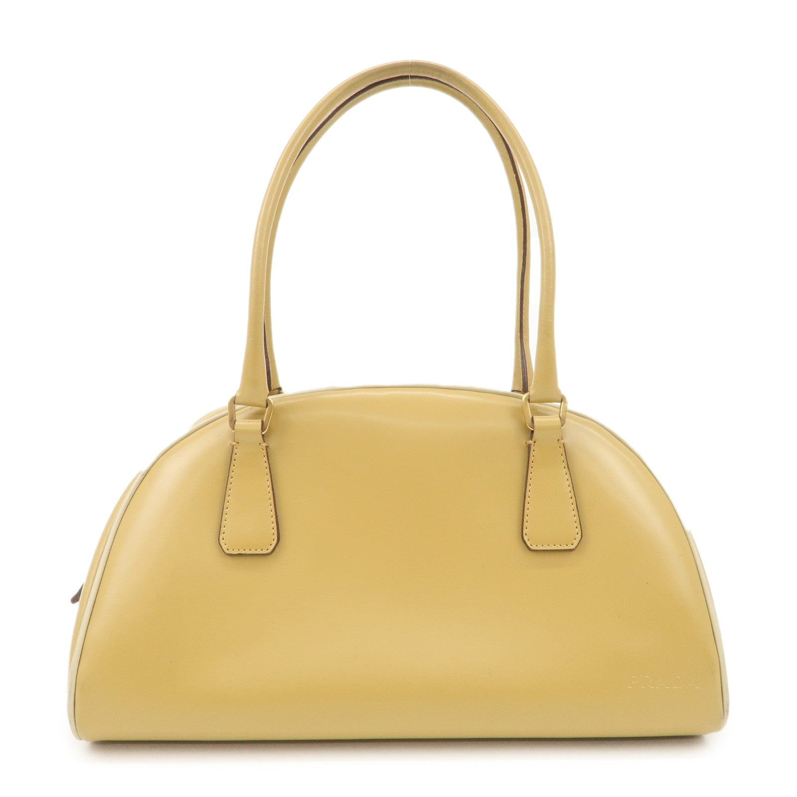 PRADA Leather Bowling Bag Boston Bag Hand Bag Gold HDW Beige