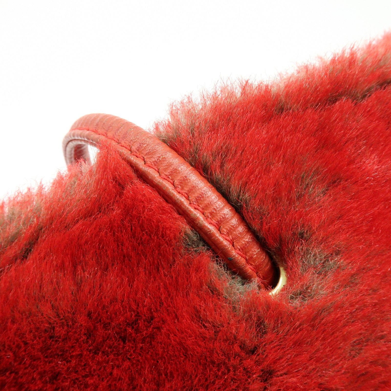 FENDI Fur Leather Tote Bag Hand Bag Shoulder Bag Red 321262900069