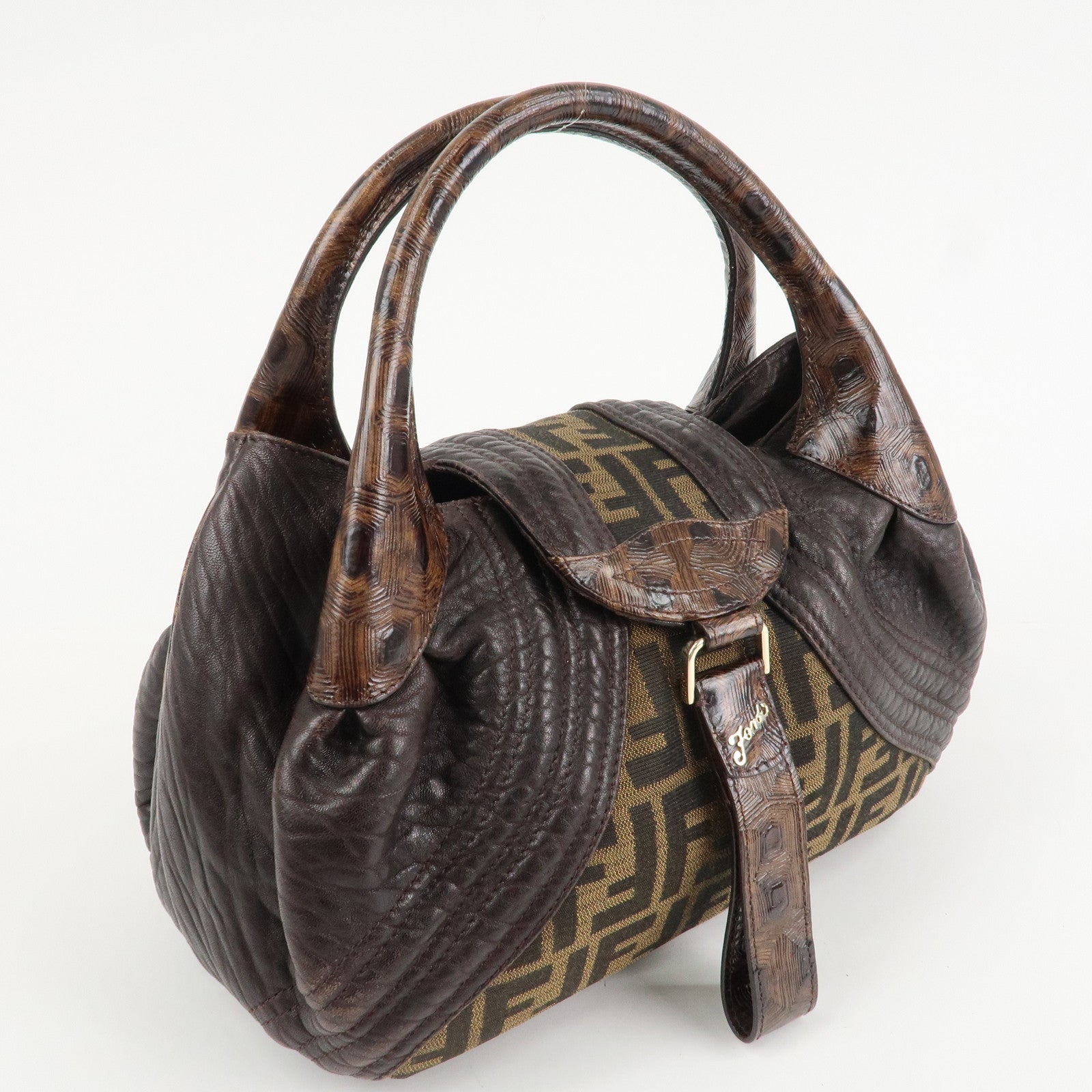 FENDI Zucca Mini Spy Canvas Leather Hand Bag Brown Black 8BR589 Used