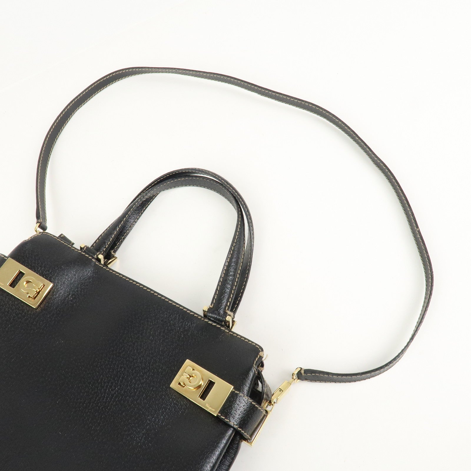 Ferragamo Gancini Leather 2 Way Bag Hand Bag Shoulder Bag Black