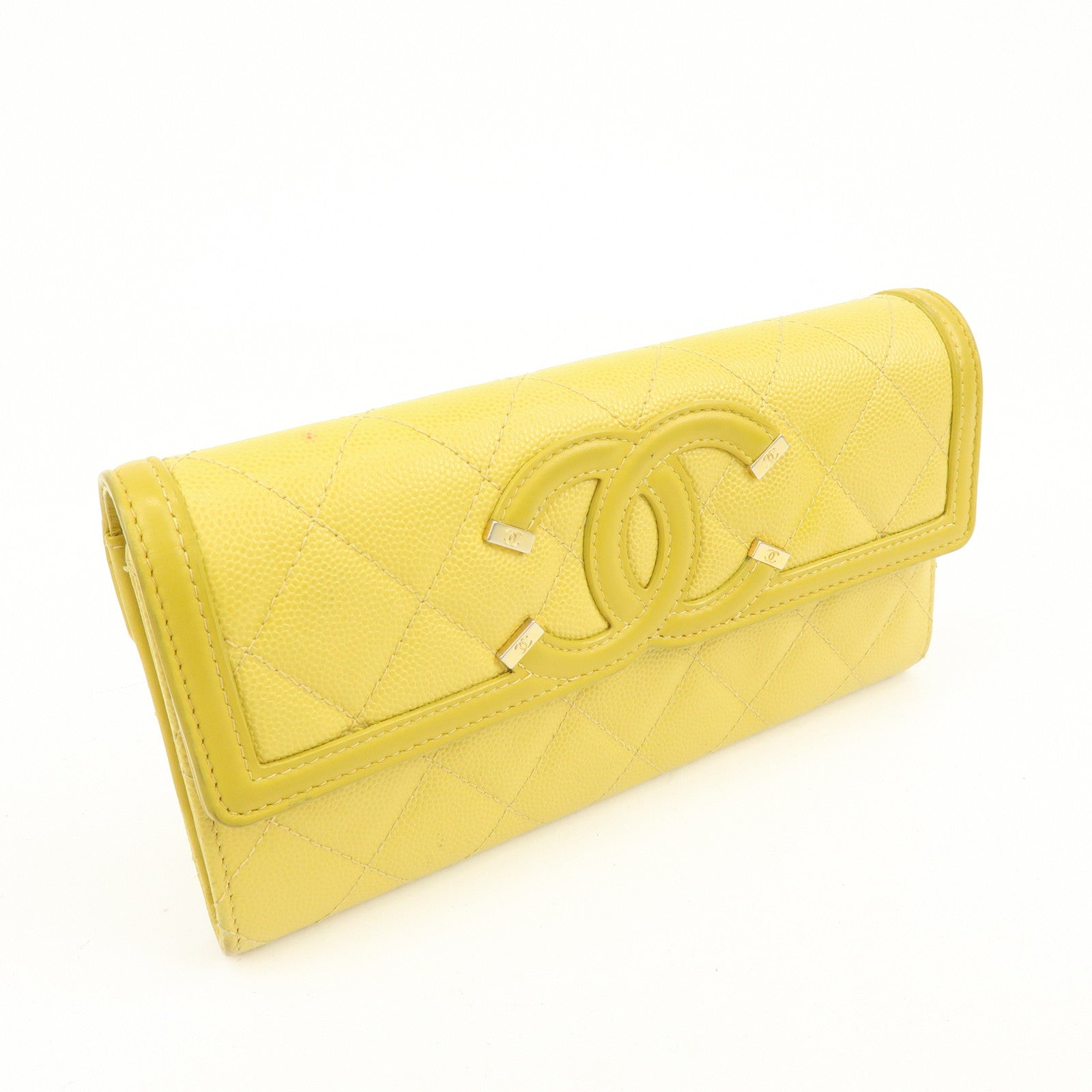 CHANEL CC Filigree Caviarskin Leather Long Wallet Yellow A84448