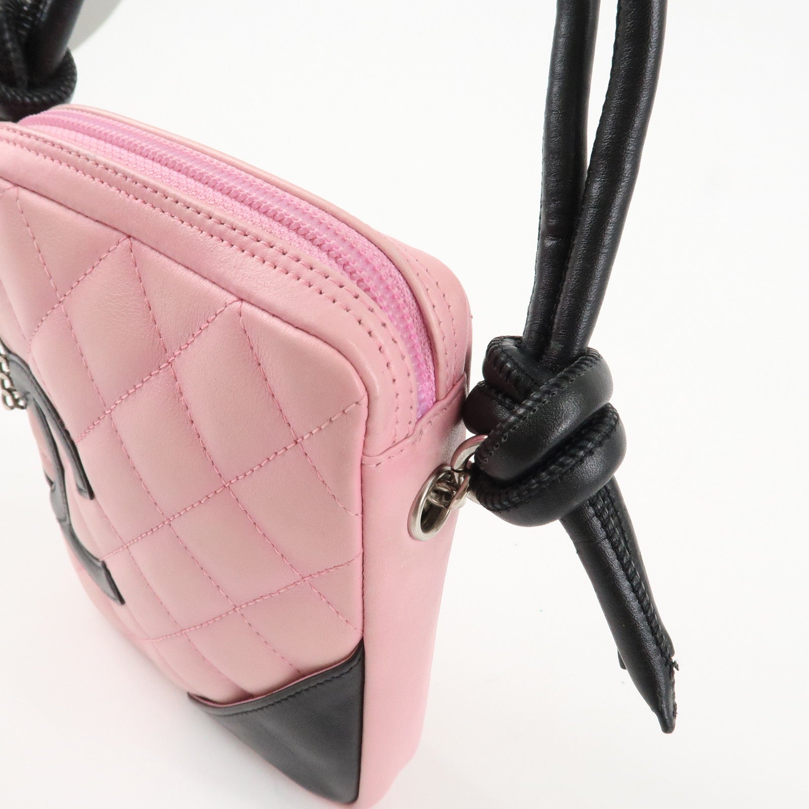 CHANEL Cambon Lamb Skin Small Pochette Shoulder Bag Pink Black A25177 Used