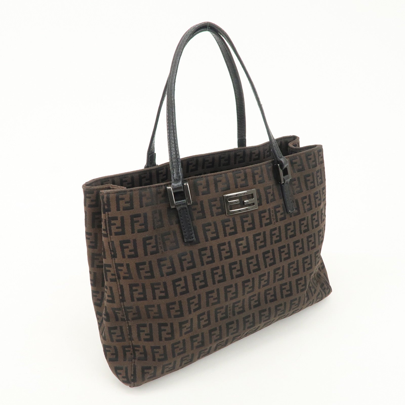 FENDI Zucchino Canvas Leather Tote Bag Hand Bag Dark Brown 8BH132