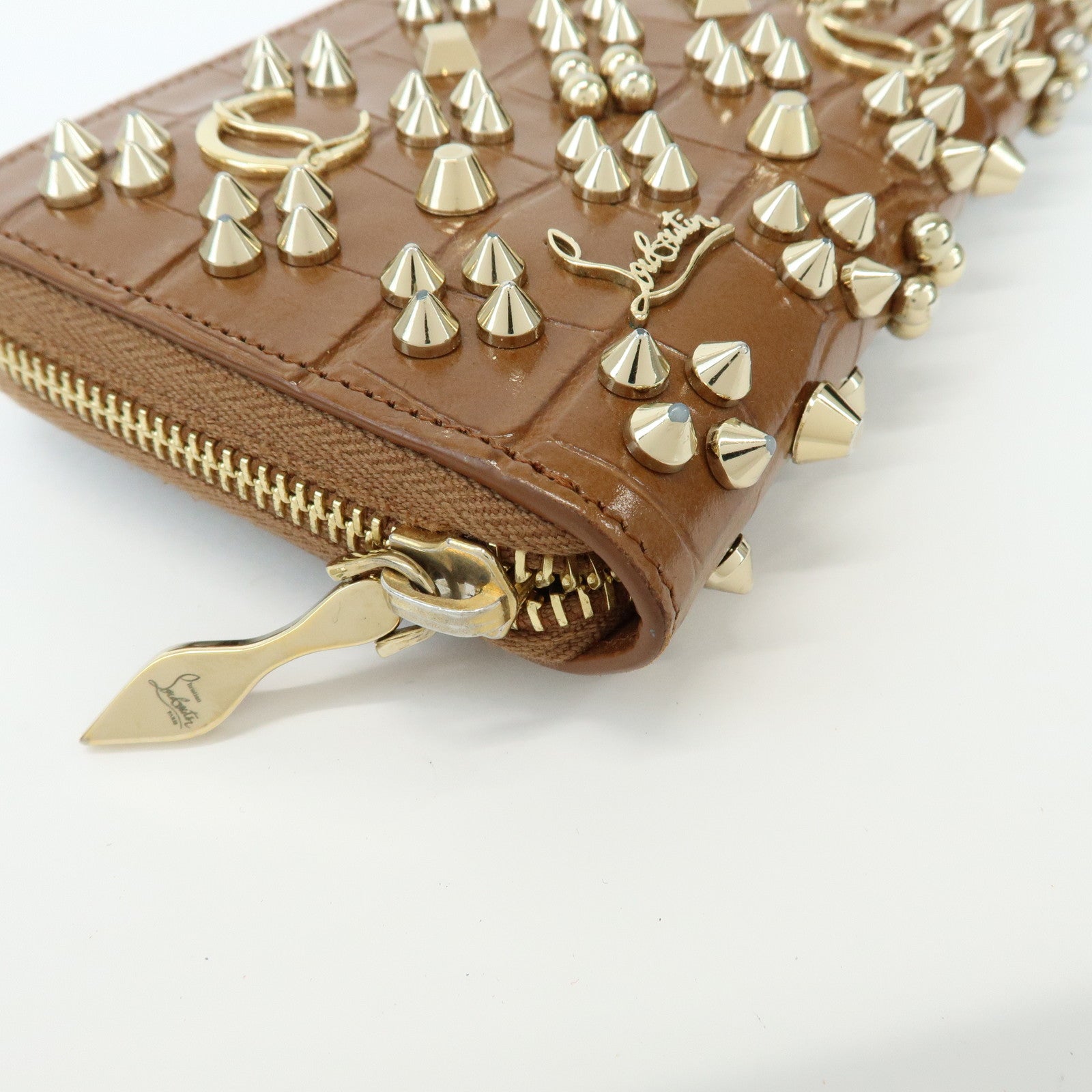 Christian Louboutin Embossed Leather Long Wallet Studs Brown
