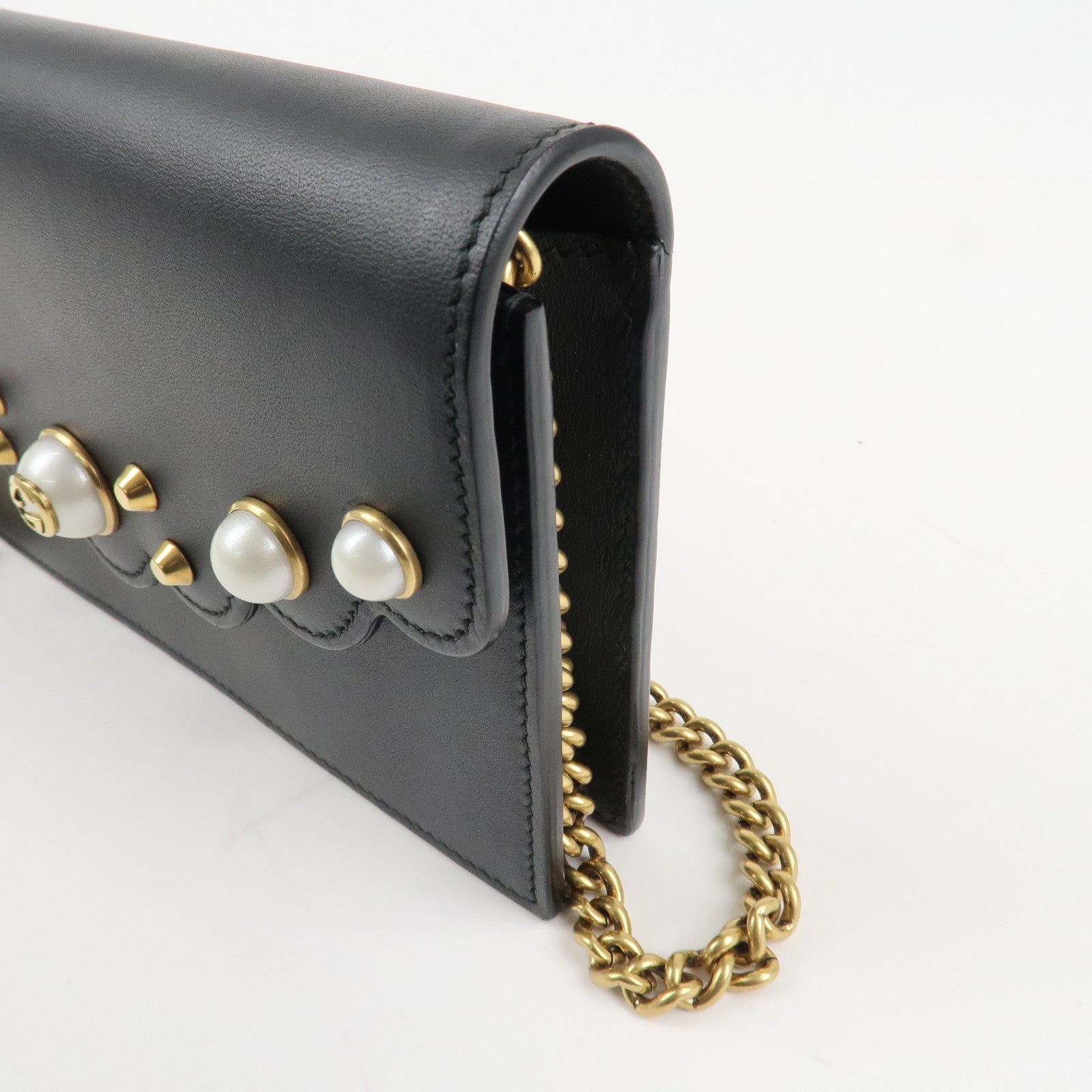 GUCCI GG Marmont Leather Chain Wallet Gold HDW Black 431478 Used