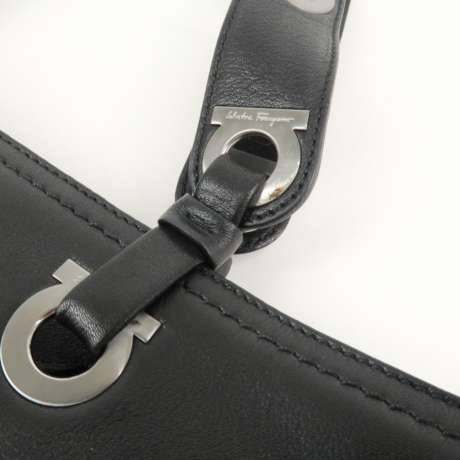 Ferragamo Gancini Leather Tote Bag Shoulder Bag Black