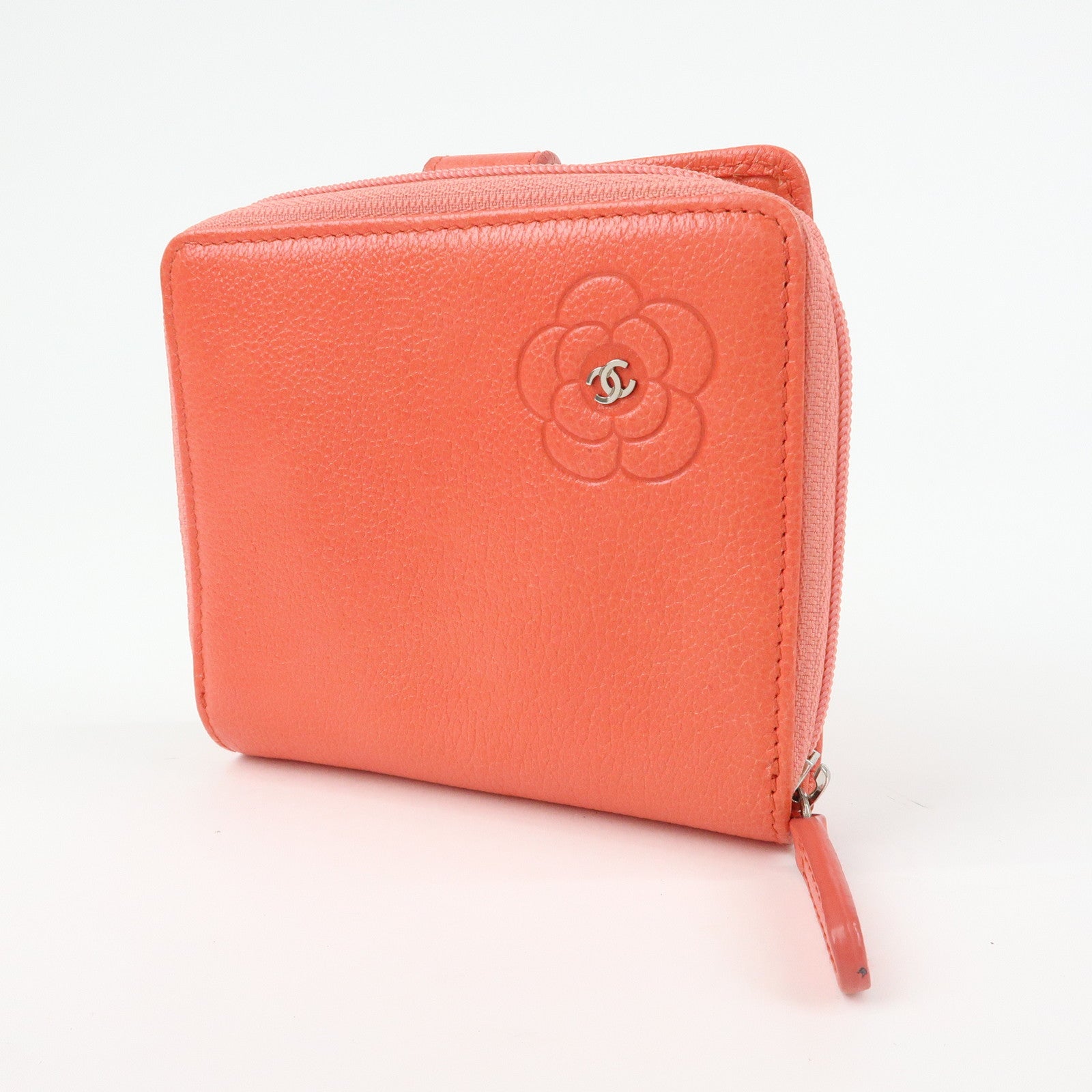 CHANEL Camellia Zip Around Leather Compact Wallet Rose Pink