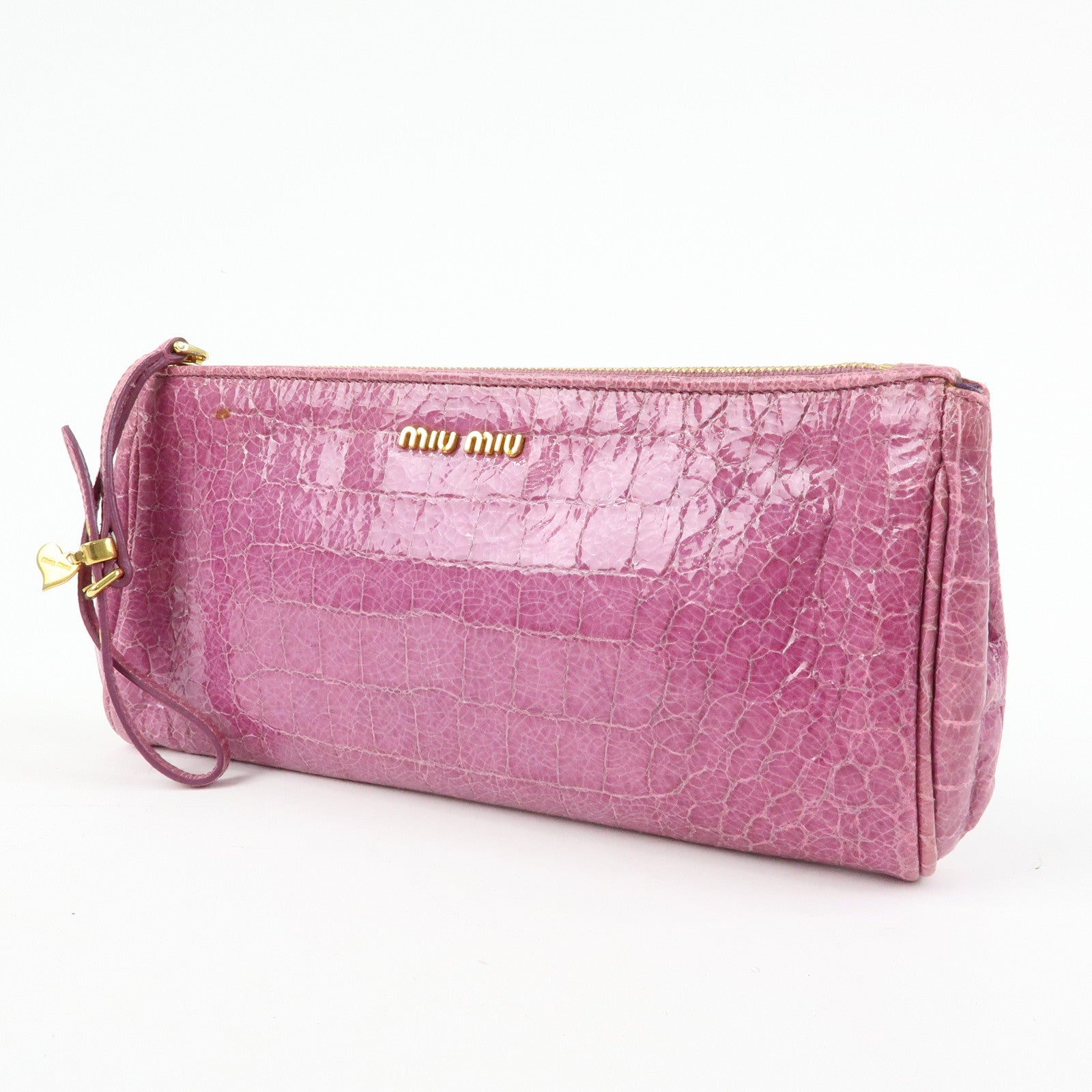 MIU MIU Logo Embossed Leather Clutch Bag Wristlet Bag Purple