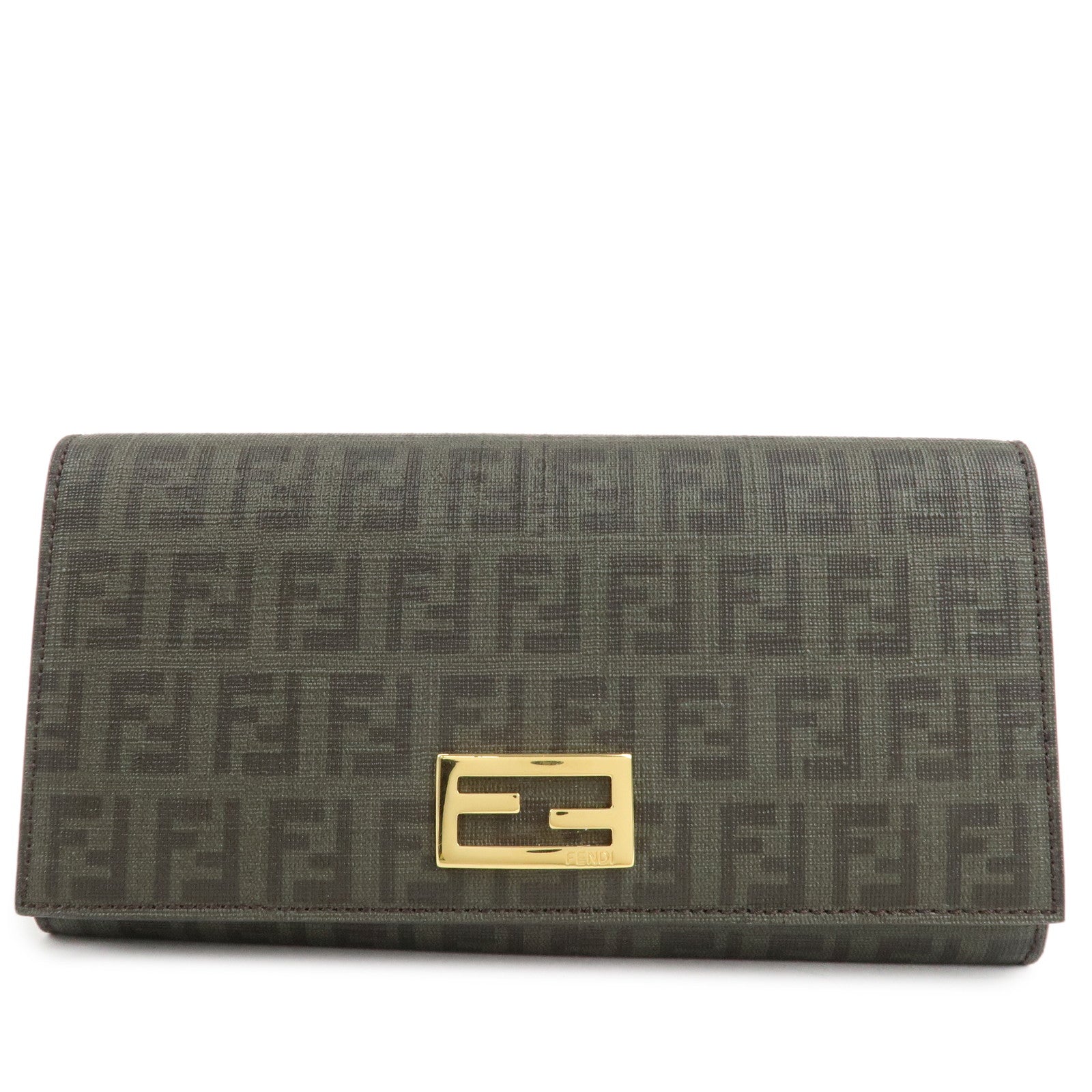 FENDI Zucchino PVC Flap Bi-Fold Long Wallet Black Moss Green 8M0235 Used