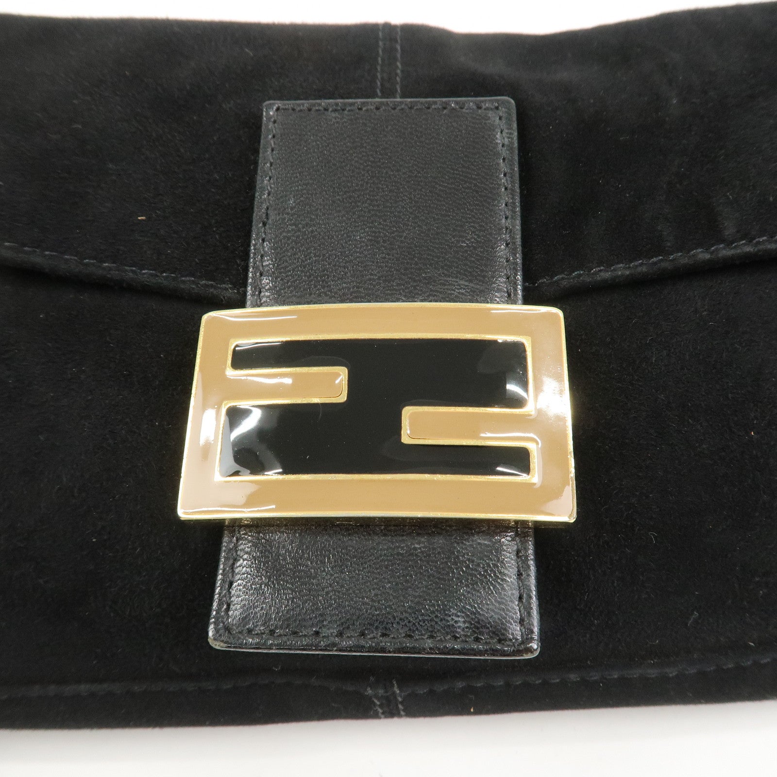 FENDI Mamma Baguette Logo Suede Shoulder Bag Black 26424